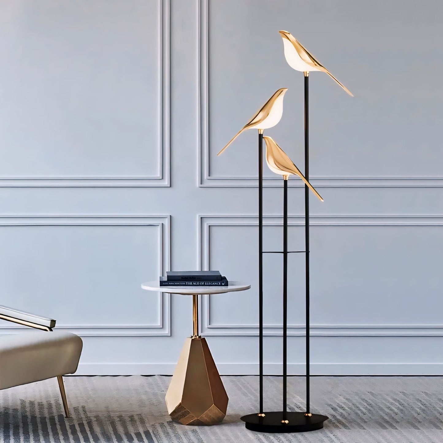 Modern Bird LED Floor Lamp with 3 Light Heads and Gold Accents