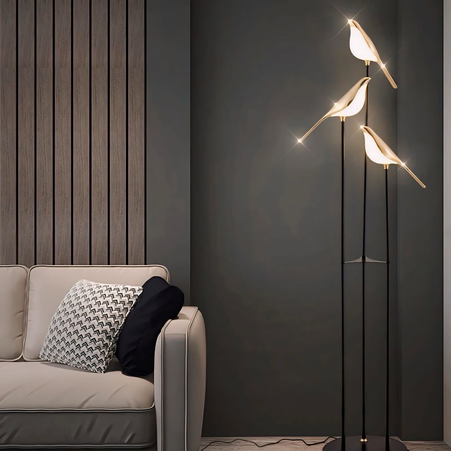 Modern Bird LED Floor Lamp with 3 Light Heads and Gold Accents