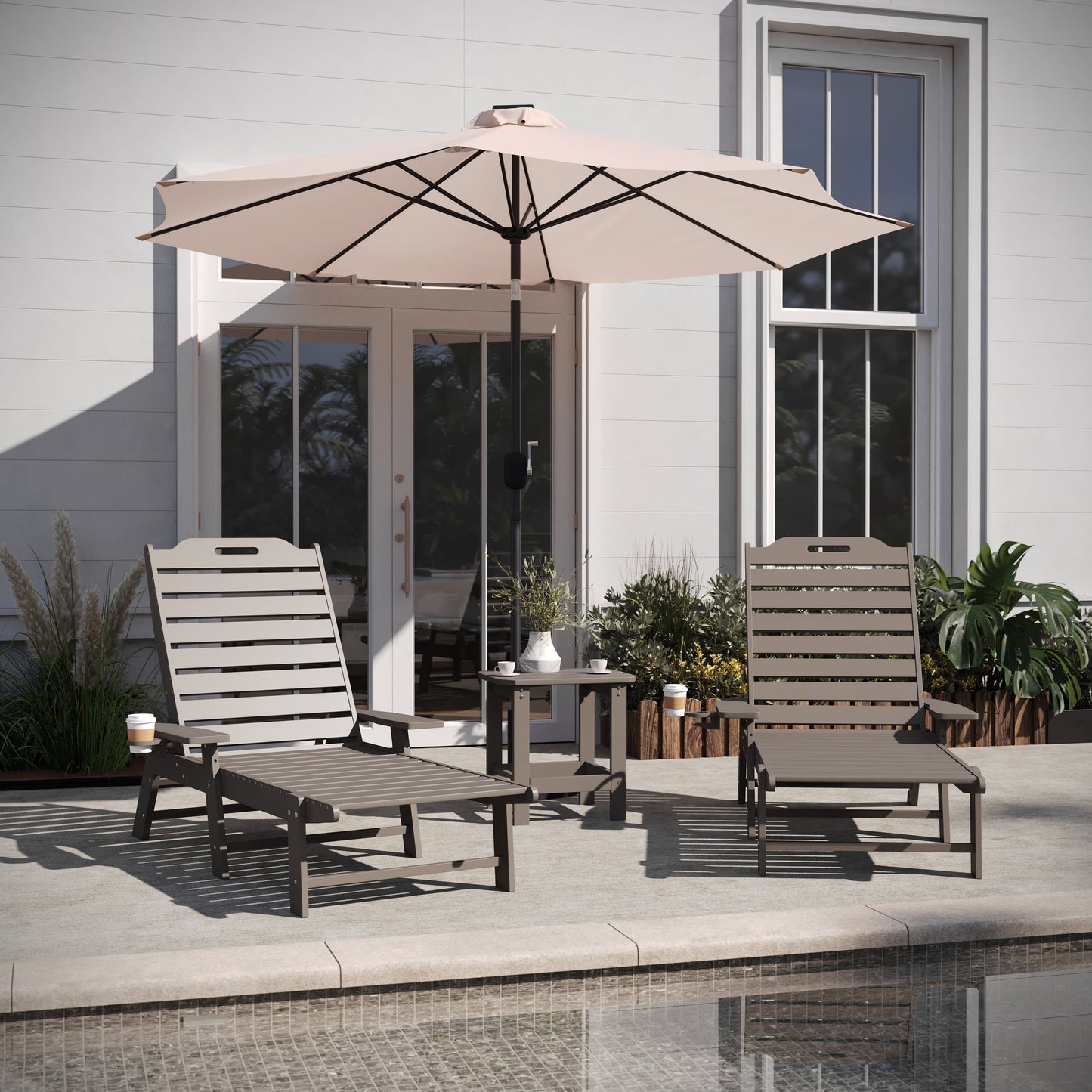 Monterey Commercial Grade 3-Piece Indoor/Outdoor Adirondack Set with 2 Adjustable HDPE Loungers with Cup Holders and 2-Tier Side Table