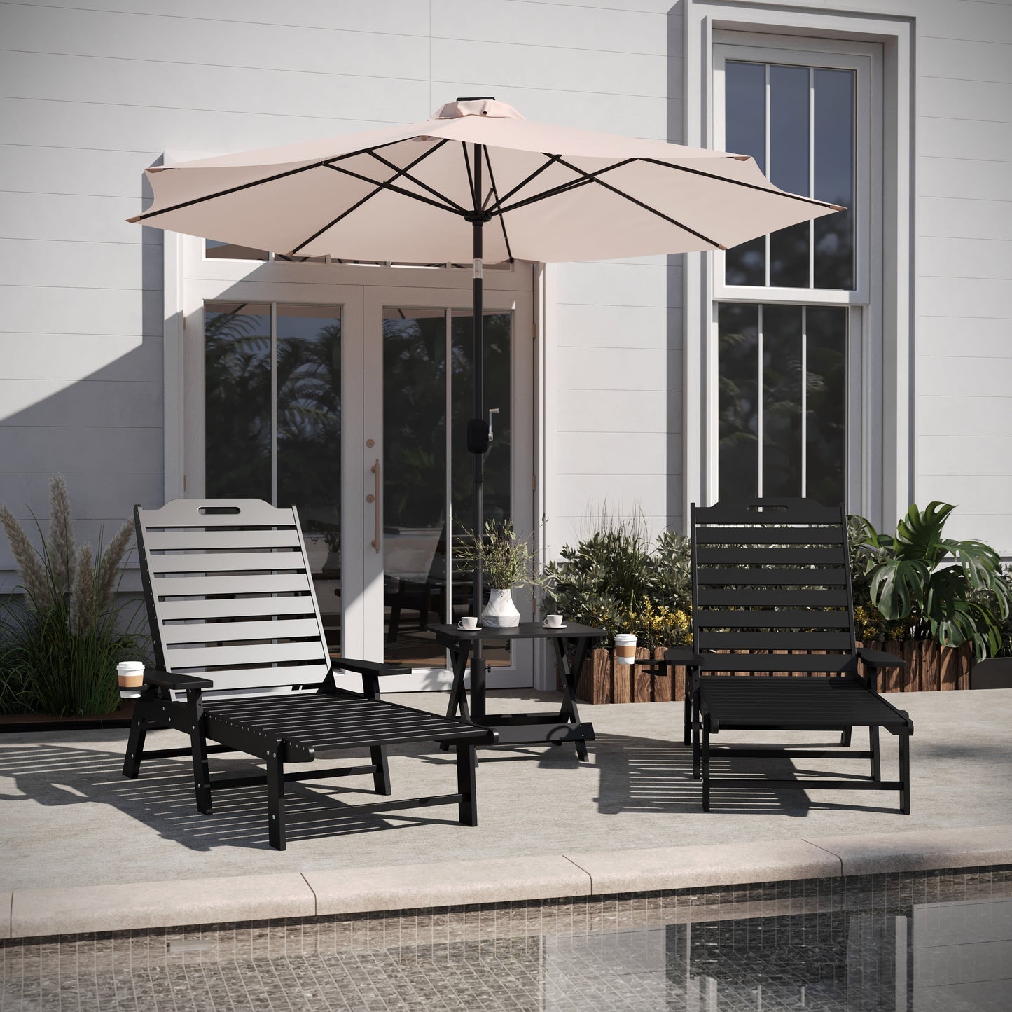 Monterey Commercial Grade 3-Piece Indoor/Outdoor Adirondack Set with 2 Adjustable HDPE Loungers with Cup Holders and Folding Side Table