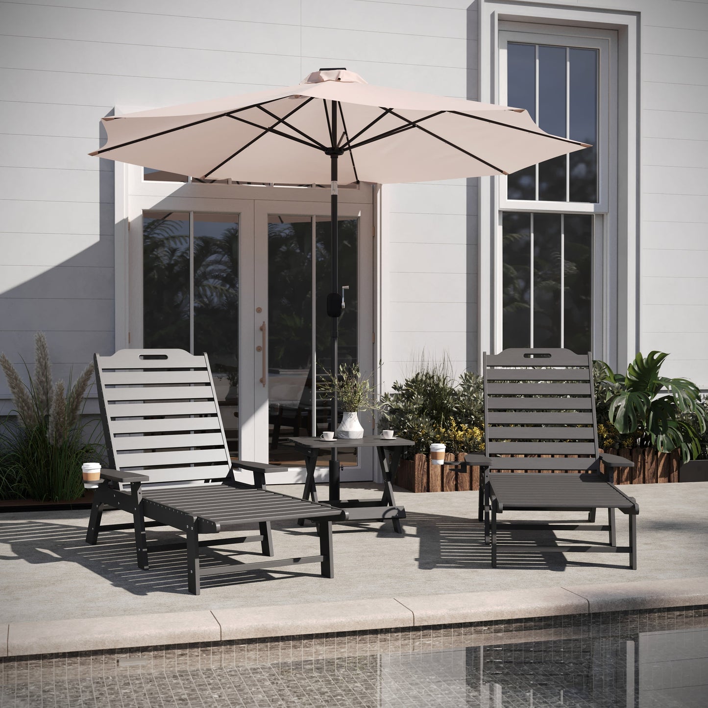 Monterey Commercial Grade 3-Piece Indoor/Outdoor Adirondack Set with 2 Adjustable HDPE Loungers with Cup Holders and Folding Side Table