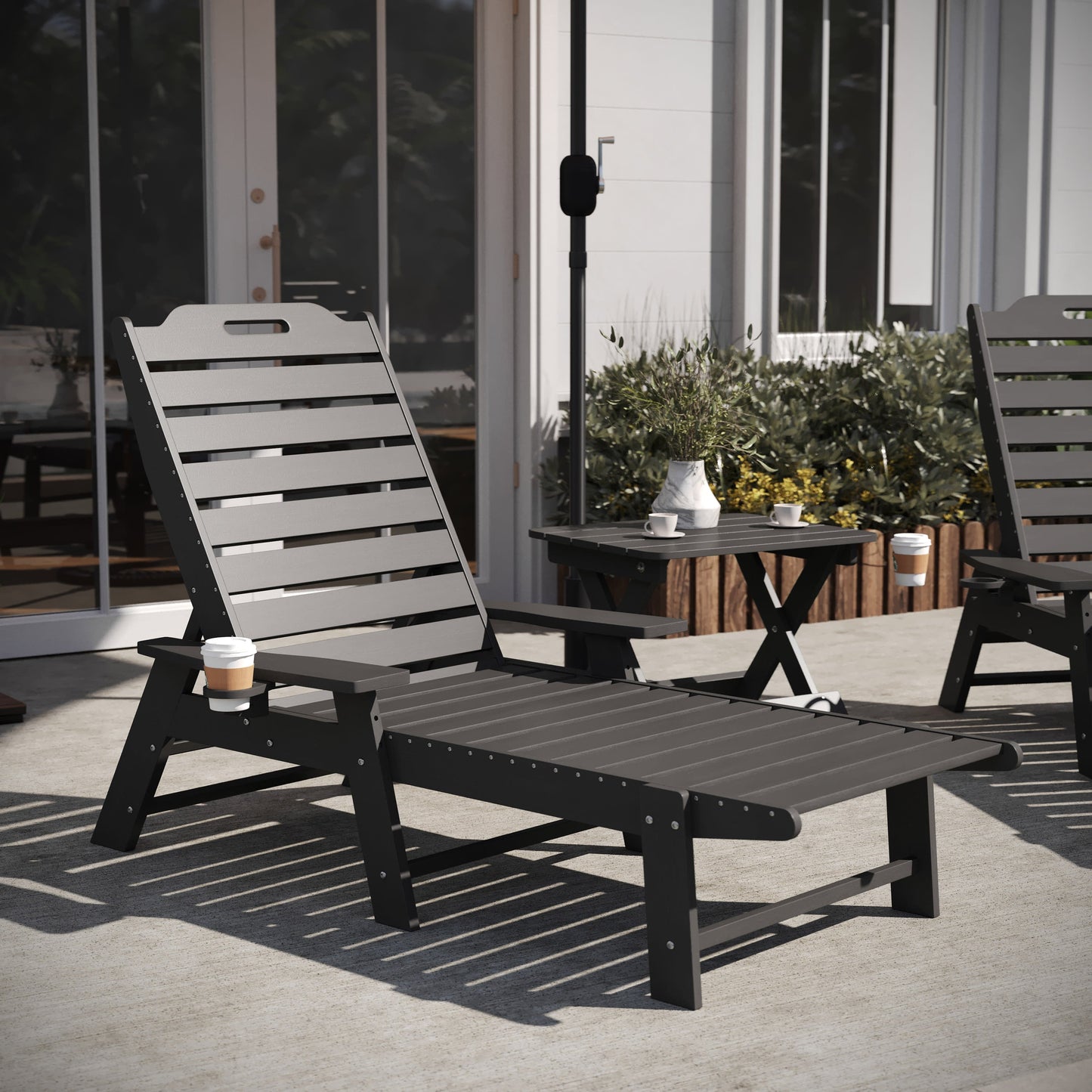 Monterey Commercial Grade 3-Piece Indoor/Outdoor Adirondack Set with 2 Adjustable HDPE Loungers with Cup Holders and Folding Side Table