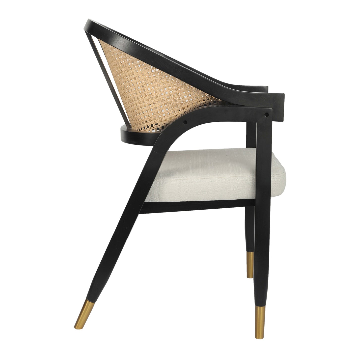 Naomi Commercial Cane Rattan Dining and Accent Chair with Solid Wood Frame Featuring Metallic Tipped Legs and Padded Seat
