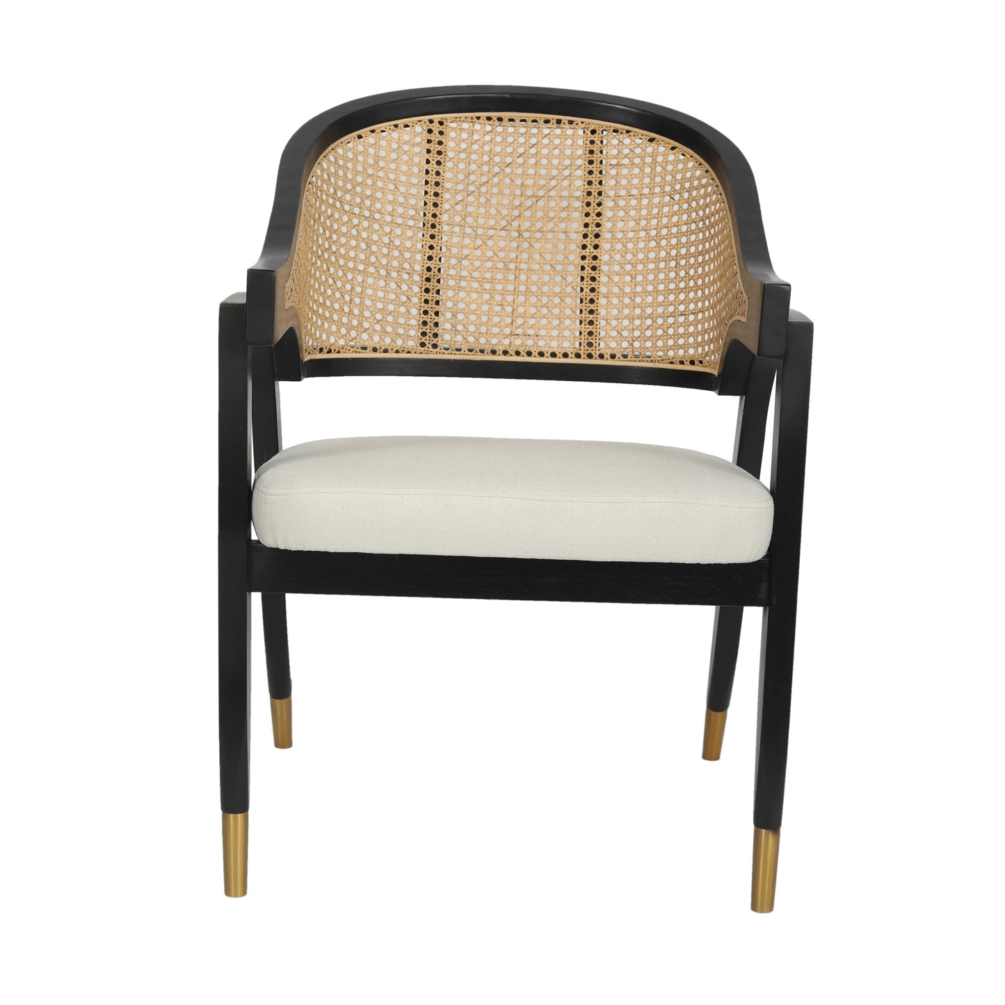 Naomi Commercial Cane Rattan Dining and Accent Chair with Solid Wood Frame Featuring Metallic Tipped Legs and Padded Seat