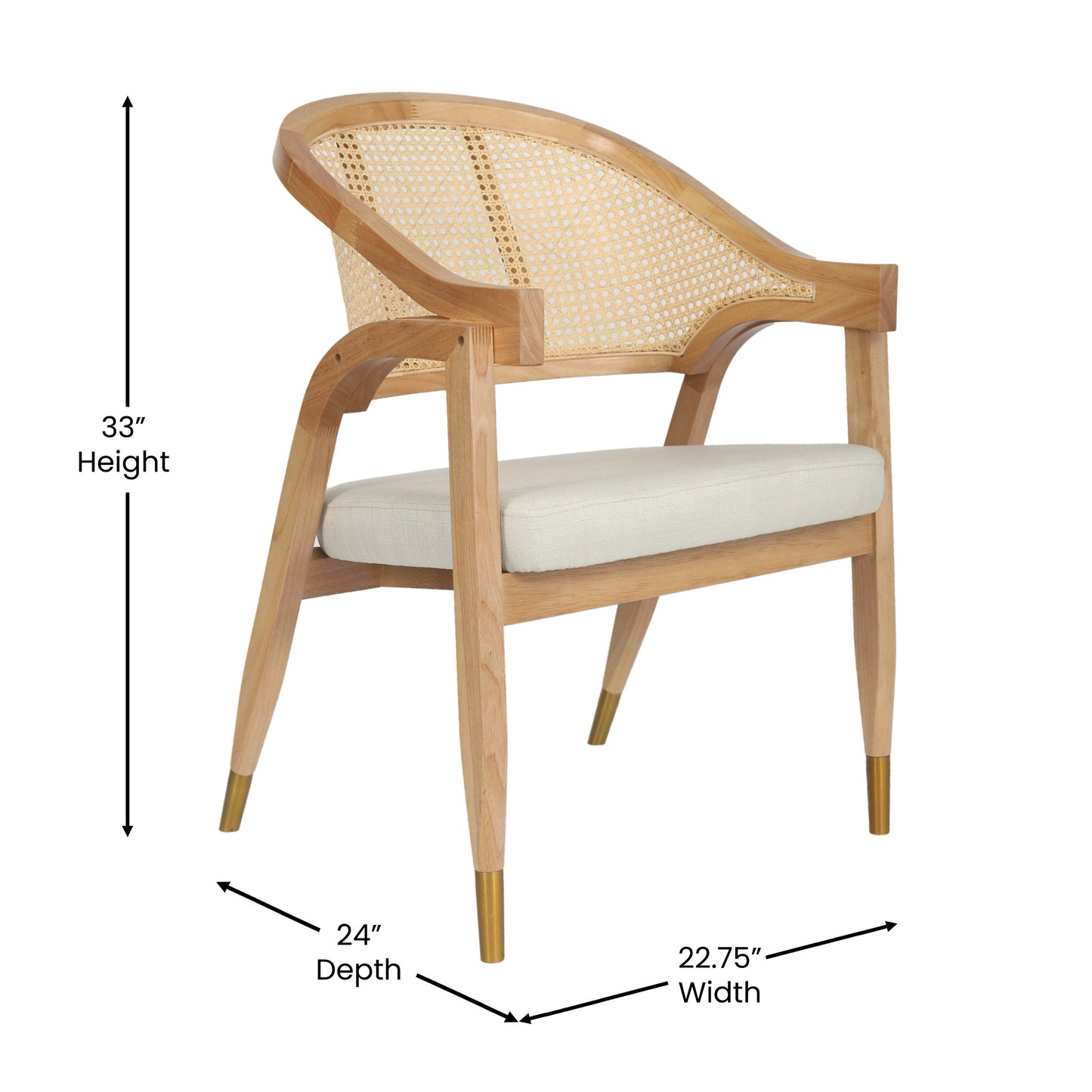 Naomi Commercial Cane Rattan Dining and Accent Chair with Solid Wood Frame Featuring Metallic Tipped Legs and Padded Seat