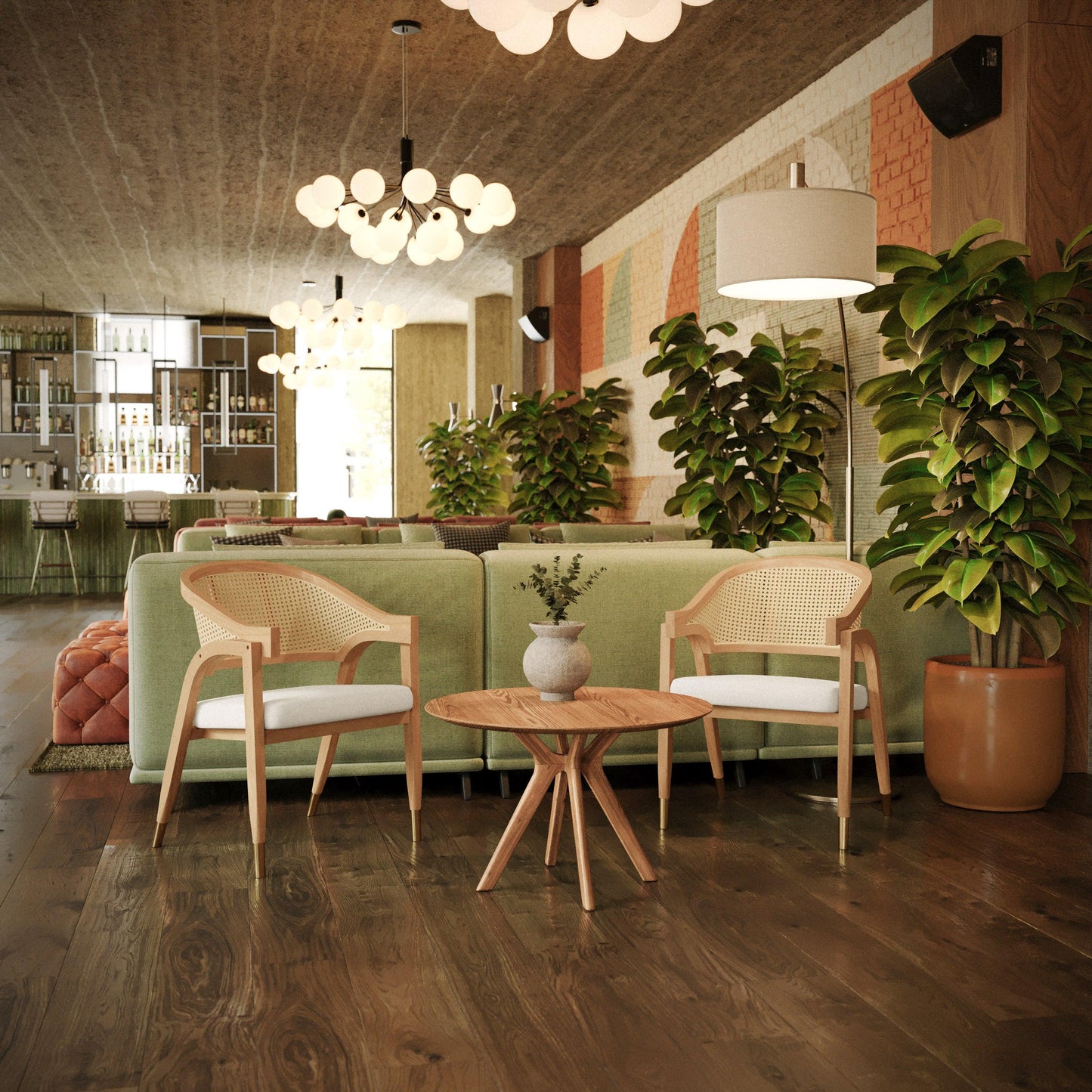 Naomi Commercial Cane Rattan Dining and Accent Chair with Solid Wood Frame Featuring Metallic Tipped Legs and Padded Seat