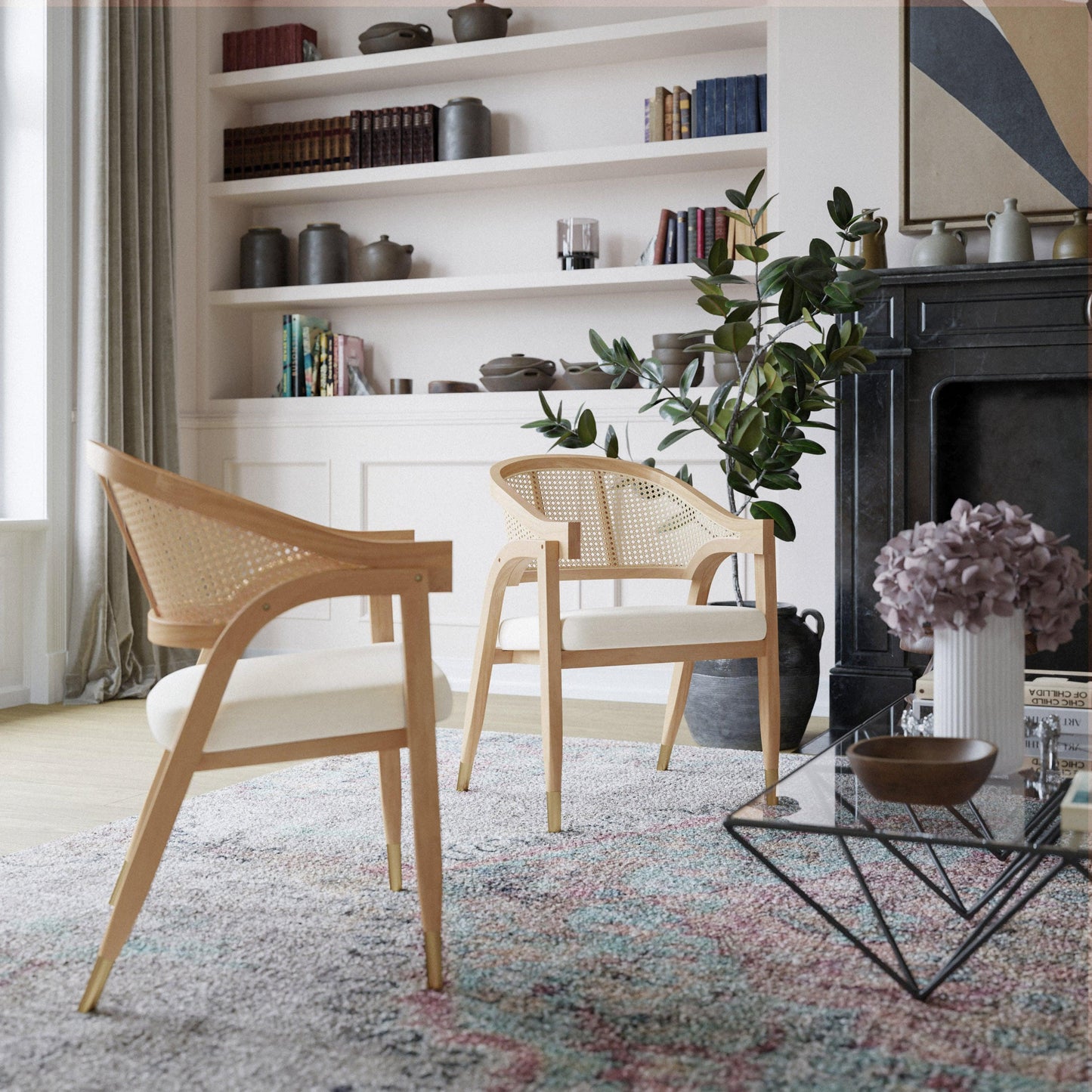 Naomi Commercial Cane Rattan Dining and Accent Chair with Solid Wood Frame Featuring Metallic Tipped Legs and Padded Seat