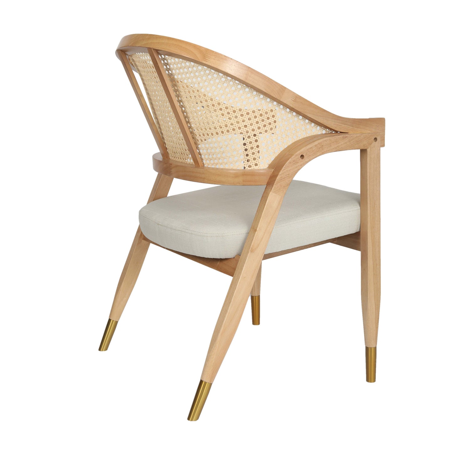 Naomi Commercial Cane Rattan Dining and Accent Chair with Solid Wood Frame Featuring Metallic Tipped Legs and Padded Seat