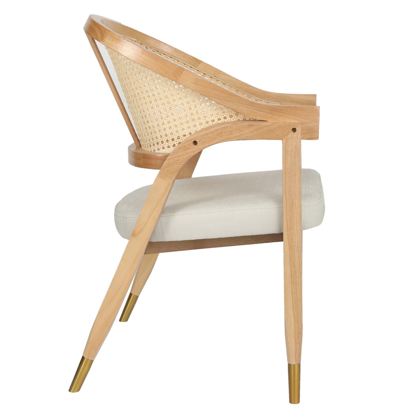 Naomi Commercial Cane Rattan Dining and Accent Chair with Solid Wood Frame Featuring Metallic Tipped Legs and Padded Seat