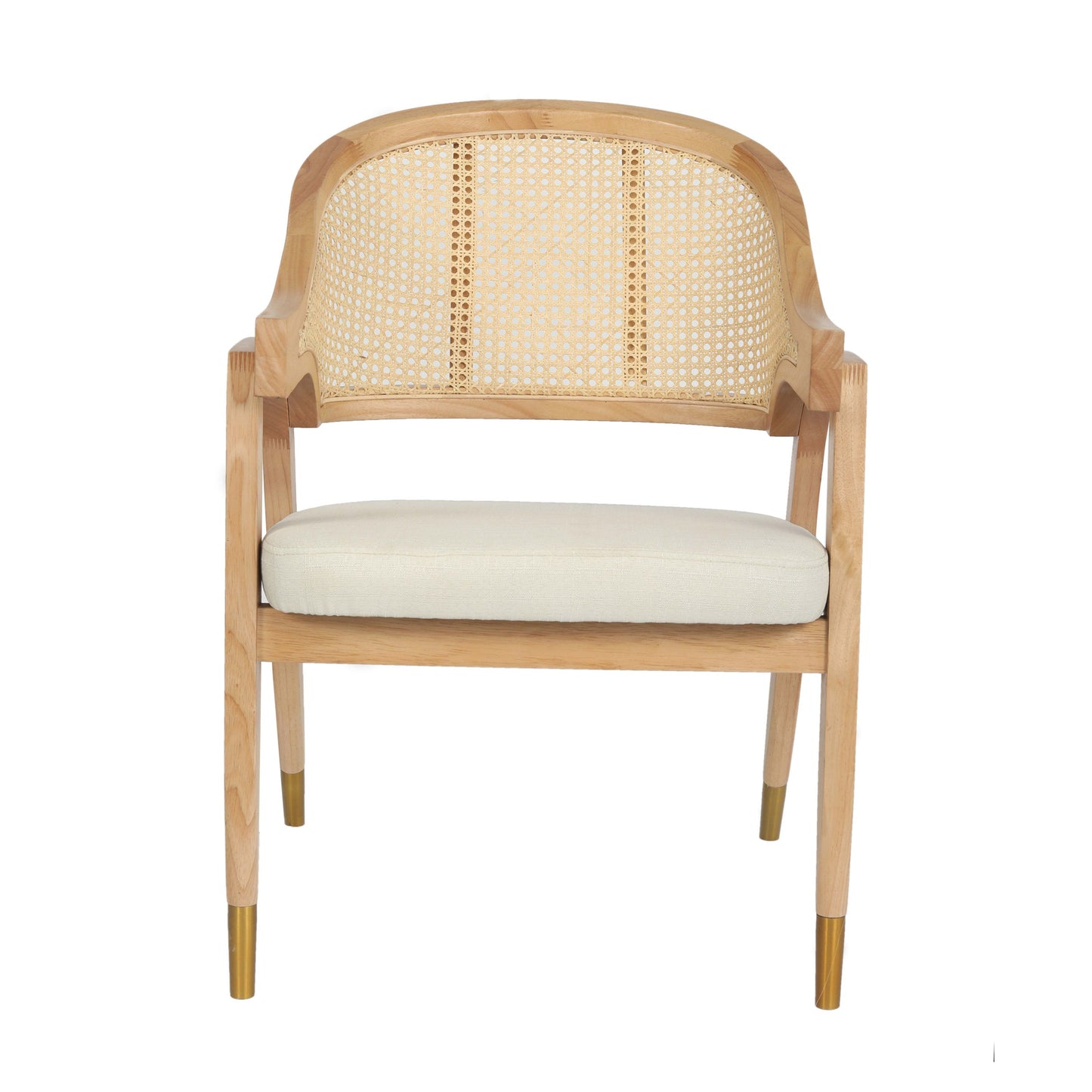 Naomi Commercial Cane Rattan Dining and Accent Chair with Solid Wood Frame Featuring Metallic Tipped Legs and Padded Seat