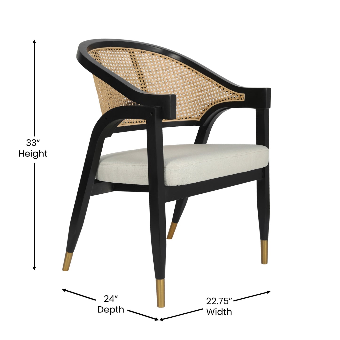 Naomi Commercial Cane Rattan Dining and Accent Chair with Solid Wood Frame Featuring Metallic Tipped Legs and Padded Seat