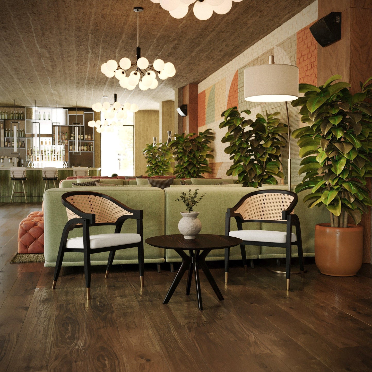 Naomi Commercial Cane Rattan Dining and Accent Chair with Solid Wood Frame Featuring Metallic Tipped Legs and Padded Seat