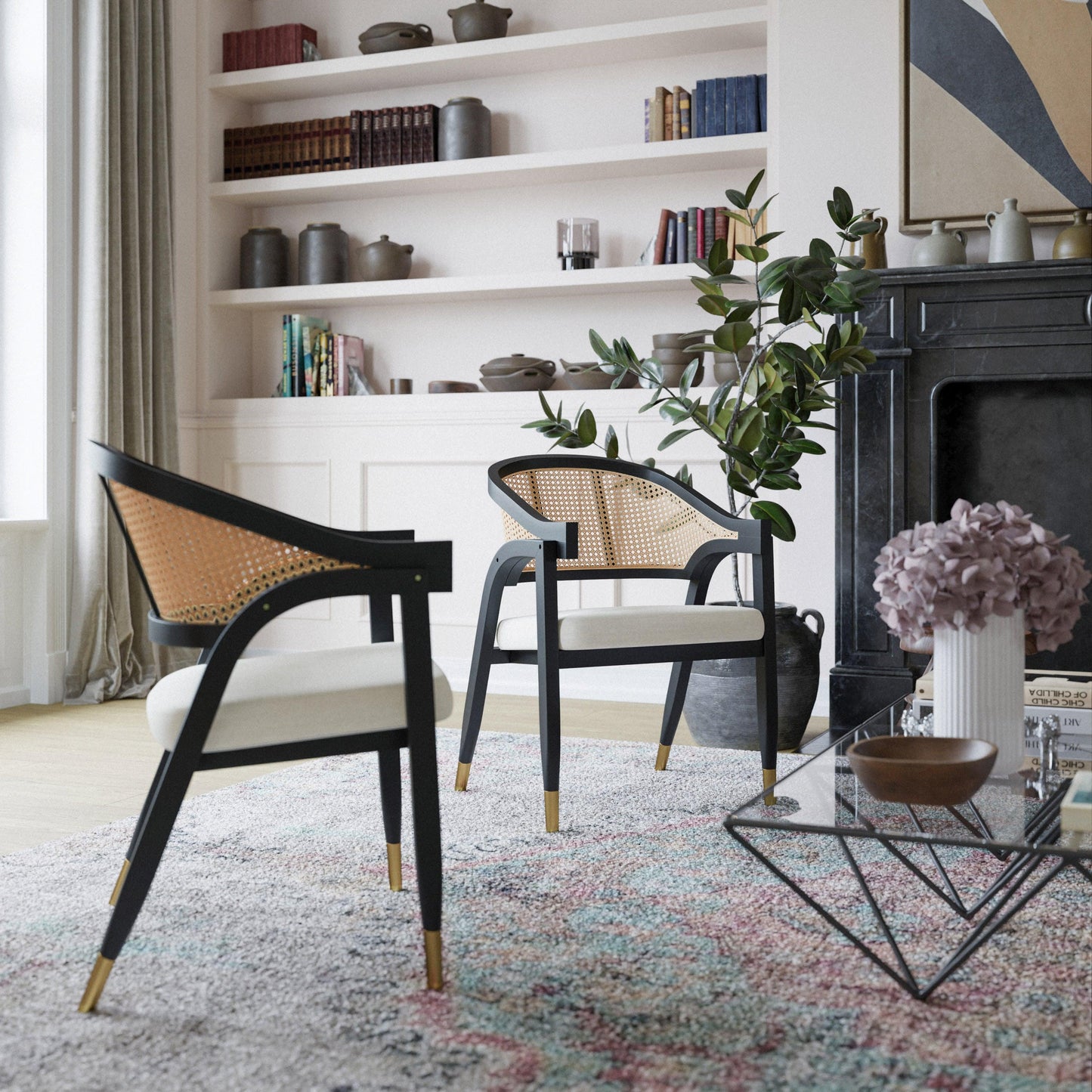 Naomi Commercial Cane Rattan Dining and Accent Chair with Solid Wood Frame Featuring Metallic Tipped Legs and Padded Seat