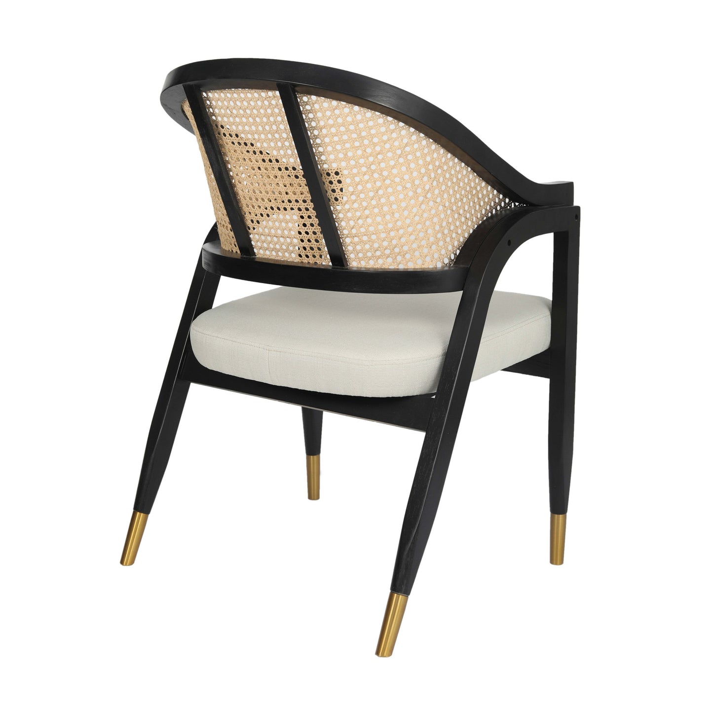 Naomi Commercial Cane Rattan Dining and Accent Chair with Solid Wood Frame Featuring Metallic Tipped Legs and Padded Seat