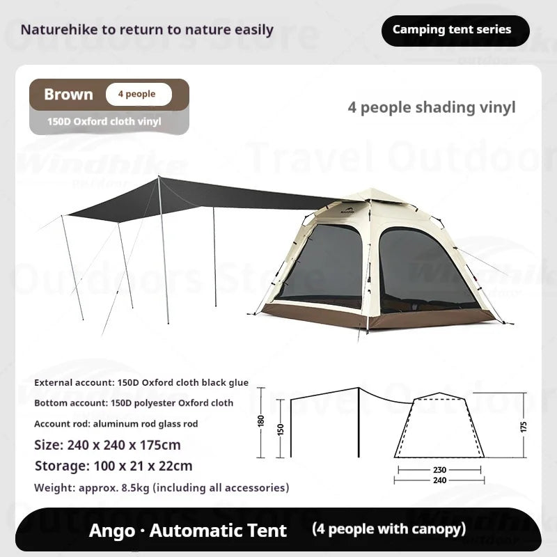 Naturehike ANGO PLUS Automatic Tent Upgraded Portable Lightweight 3-4 Persons Quick Opening Tent Camping Park Canopy Tent Integrated Tent Waterproof