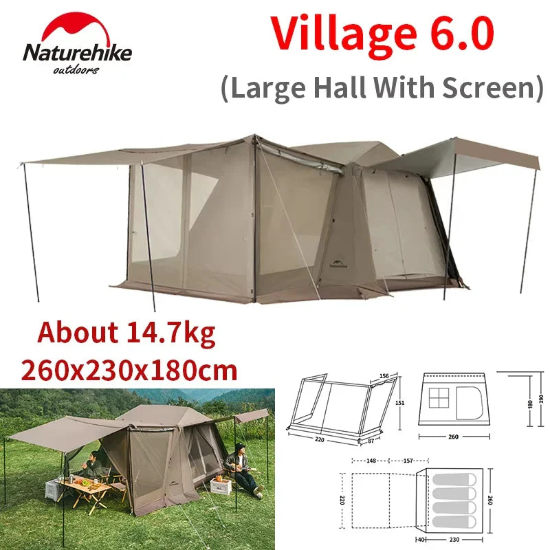PRE-ORDER Naturehike VILLAGE 6.0 Gen 2 Flagship Edition Fast Automatic Cabin Tent Ti Black Coated Sunscreen Large 15m² Use Space 4 Person Waterproof