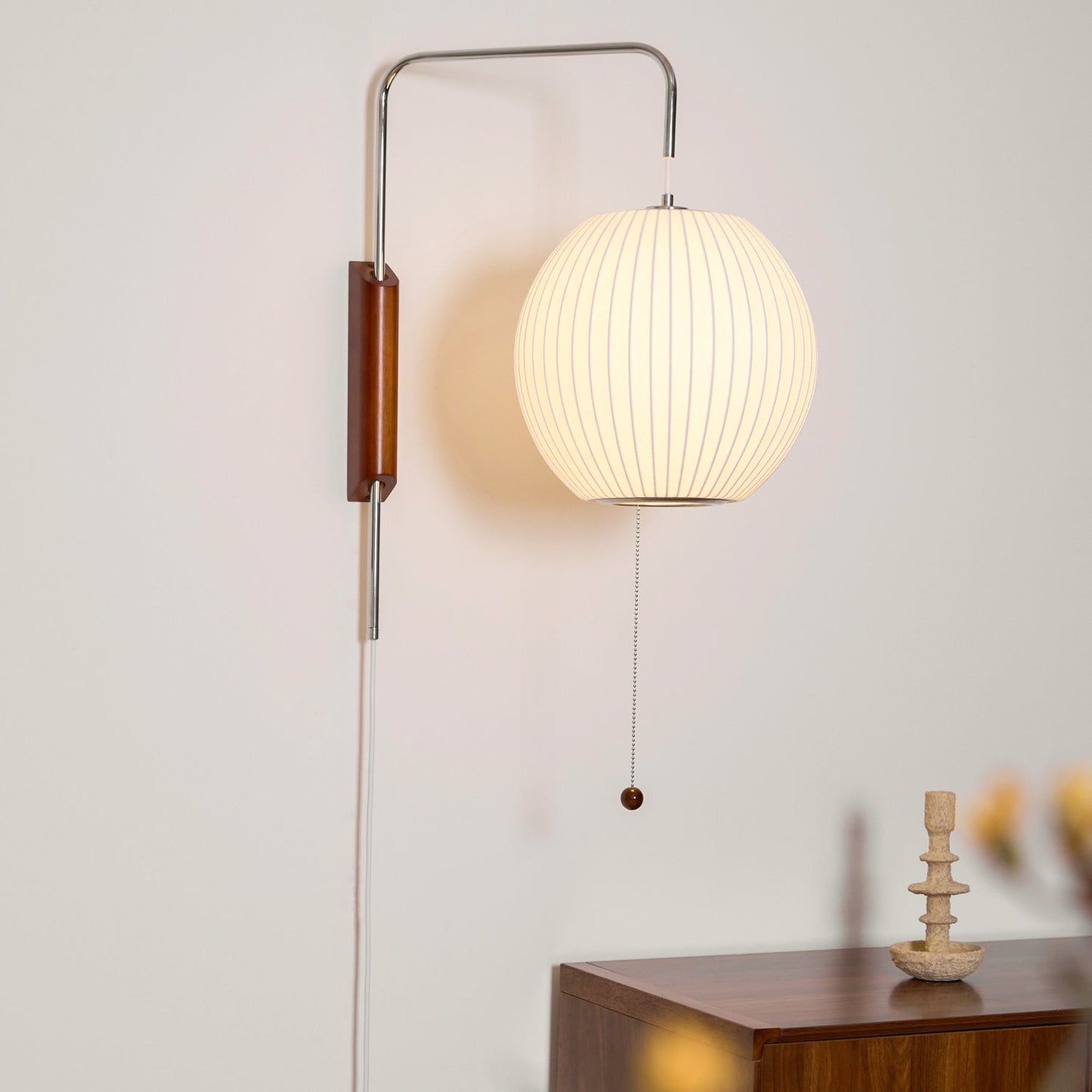 Ribbed Oval Wall Sconce With Pull Chain And Curved Arm