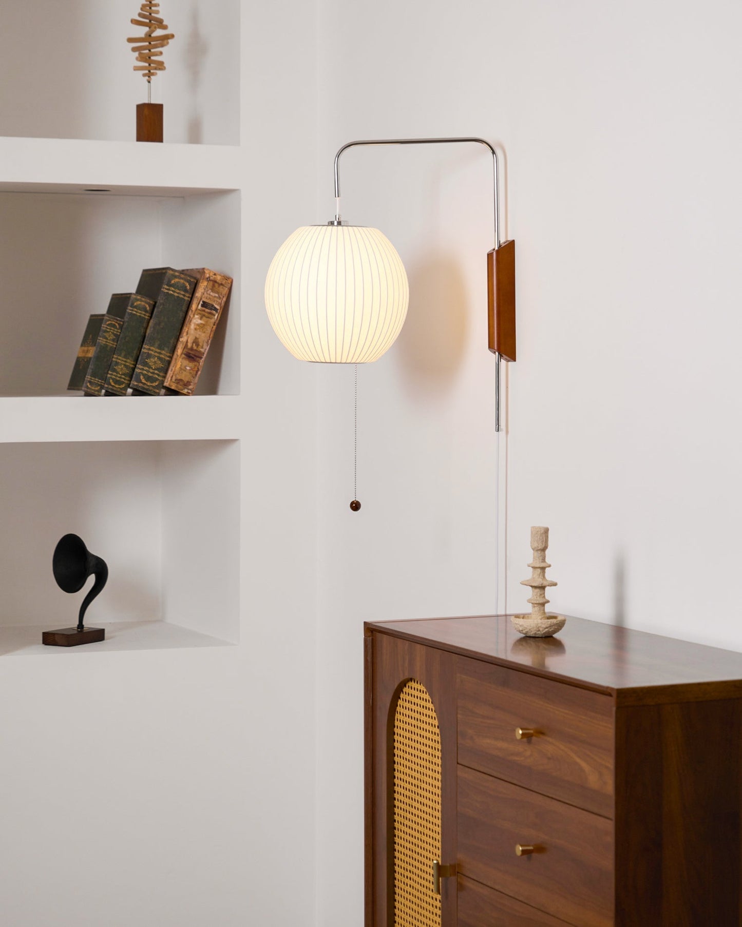 Ribbed Oval Wall Sconce With Pull Chain And Curved Arm