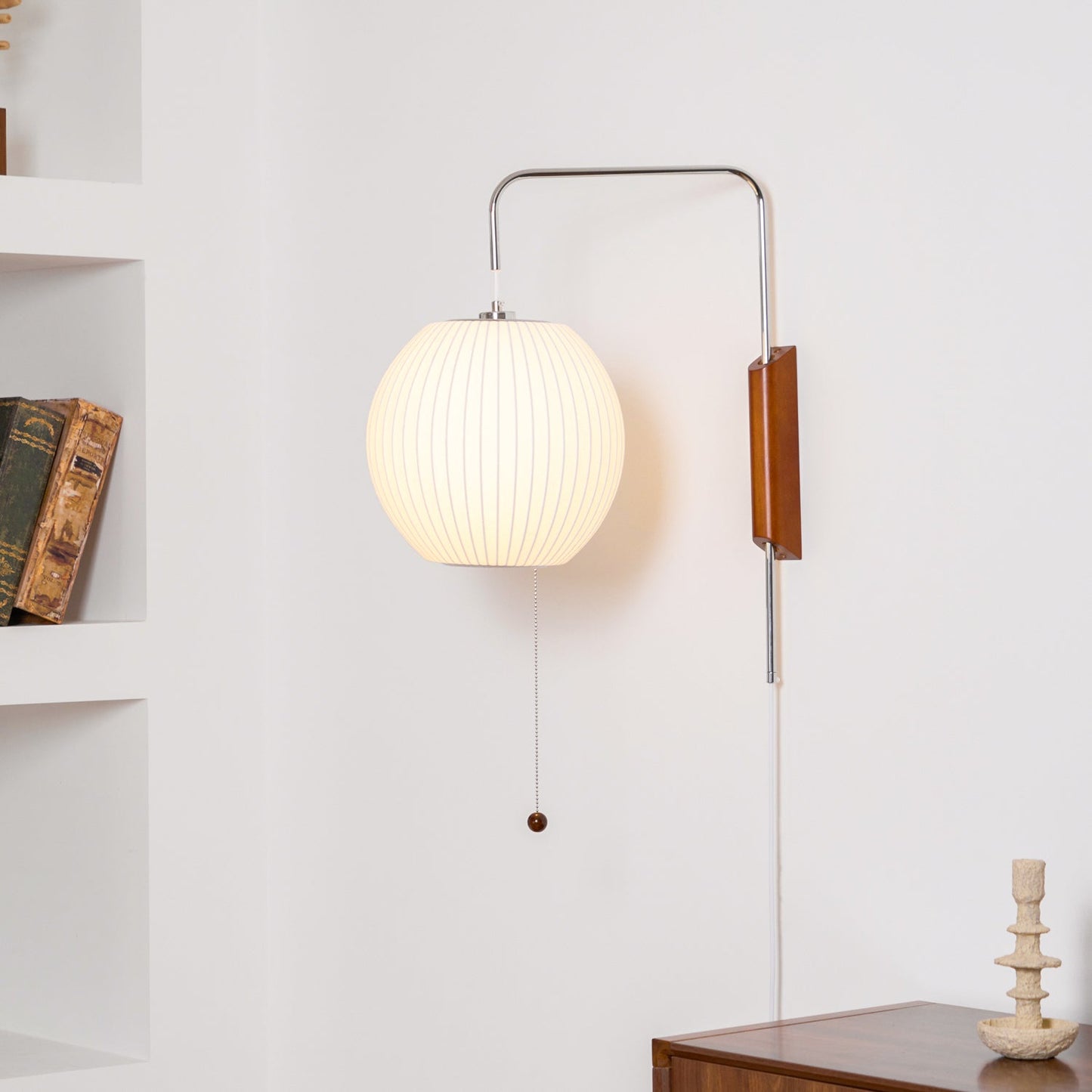 Ribbed Oval Wall Sconce With Pull Chain And Curved Arm