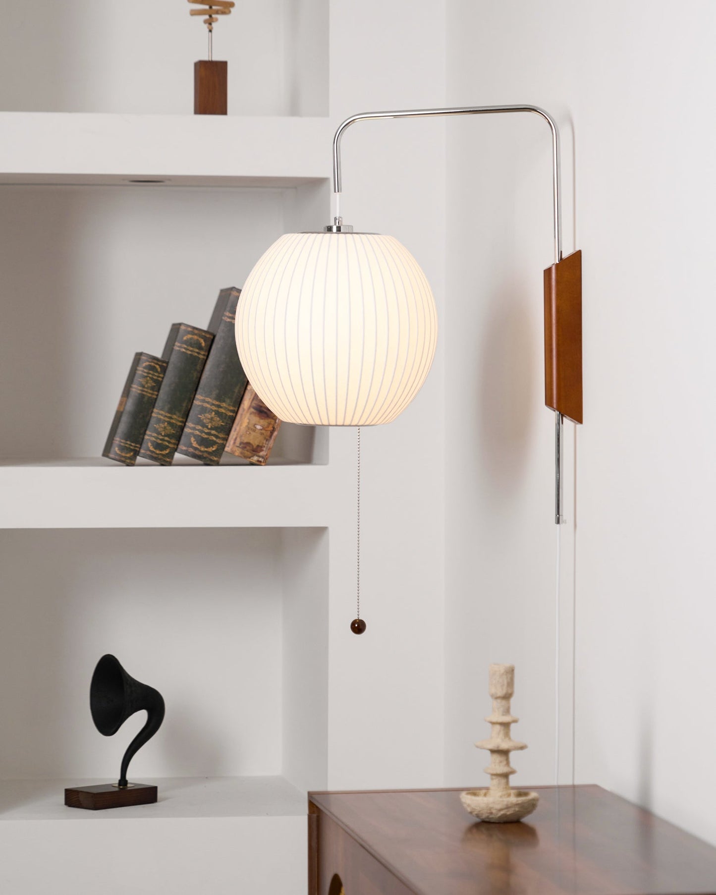 Ribbed Oval Wall Sconce With Pull Chain And Curved Arm