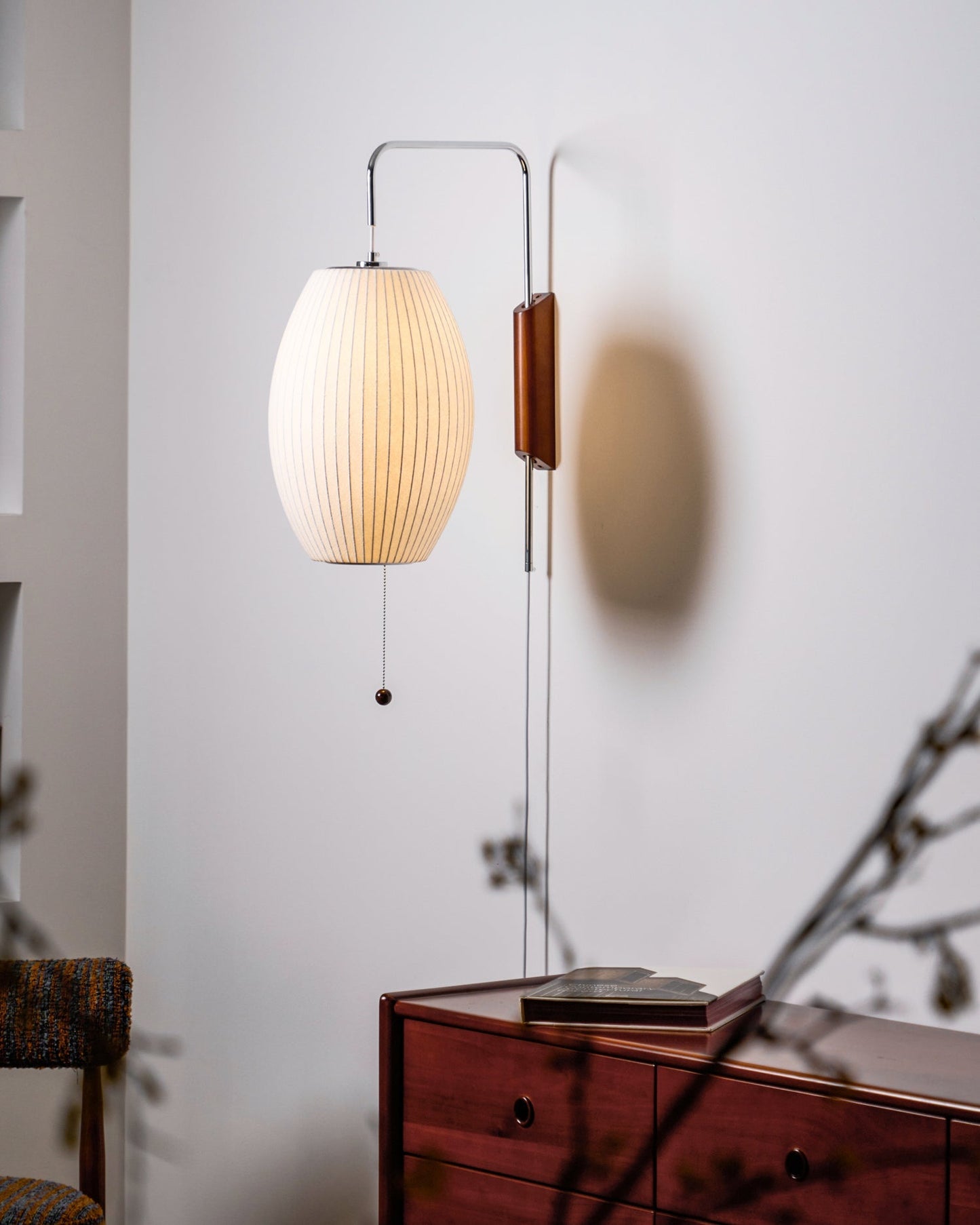 Ribbed Oval Wall Sconce With Pull Chain And Curved Arm