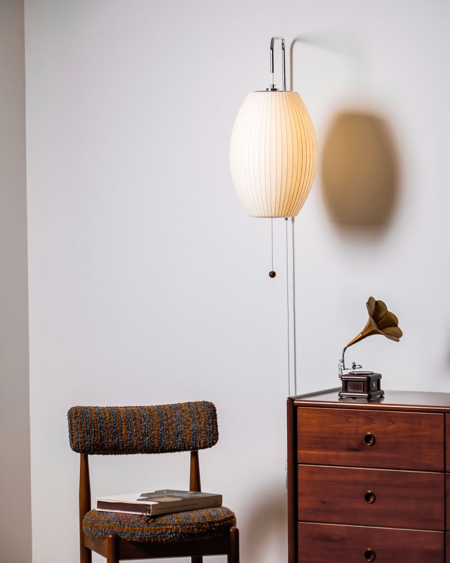 Ribbed Oval Wall Sconce With Pull Chain And Curved Arm