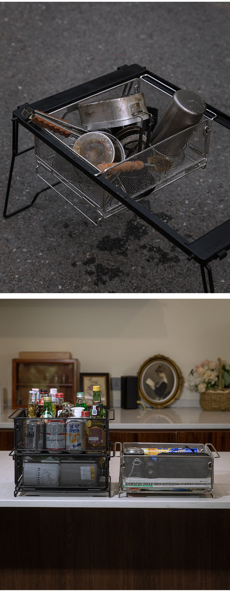 Campingmoon CK-24BK Folding Storage Basket IGT Compatible Tray Stackable Mesh Open Net Equipment 1-Unit IGT Table Accessories Add-on