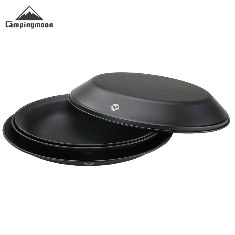 Campingmoon BKS397-1/2S Black Dinner Plate Sets Large 4/8pcs Sets Stainless Steel Outdoor Camping Dish Plate Dining Utensil With Storage Bag