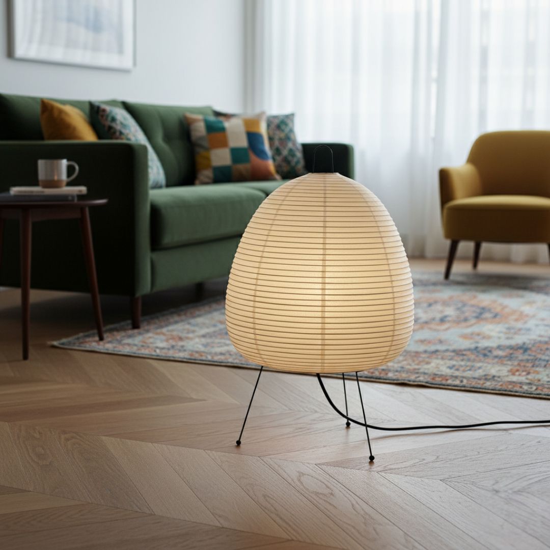 Japanese Rice Paper Lantern Tripod Floor Lamp With Black Metal Legs