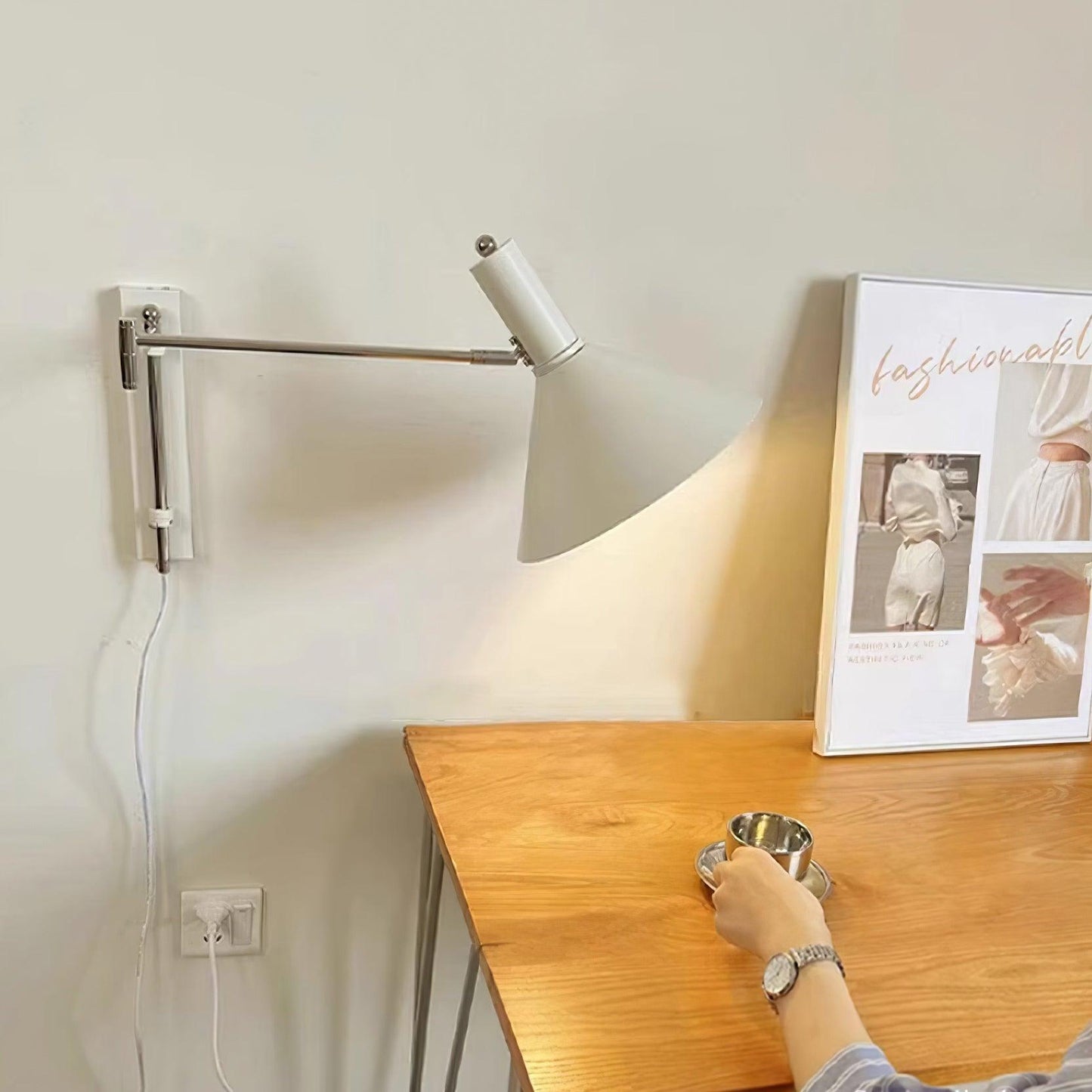 Adjustable Plug In Swing Arm Wall Light With Cone Shade