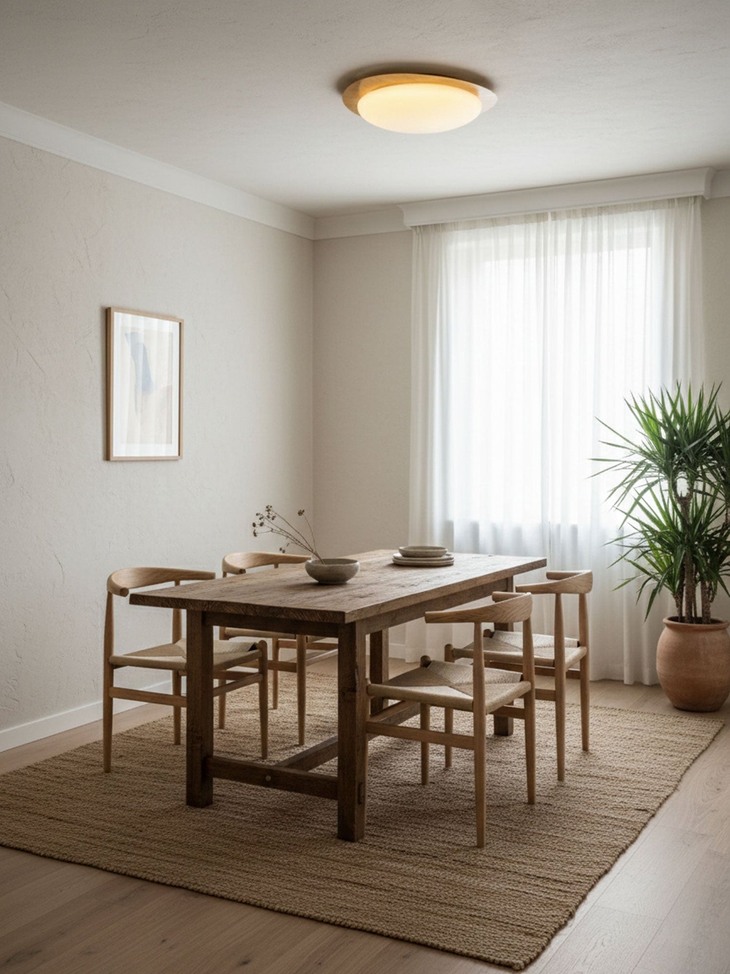 Pebble Round Flush Mount Ceiling Light With Wood-Trim Rim
