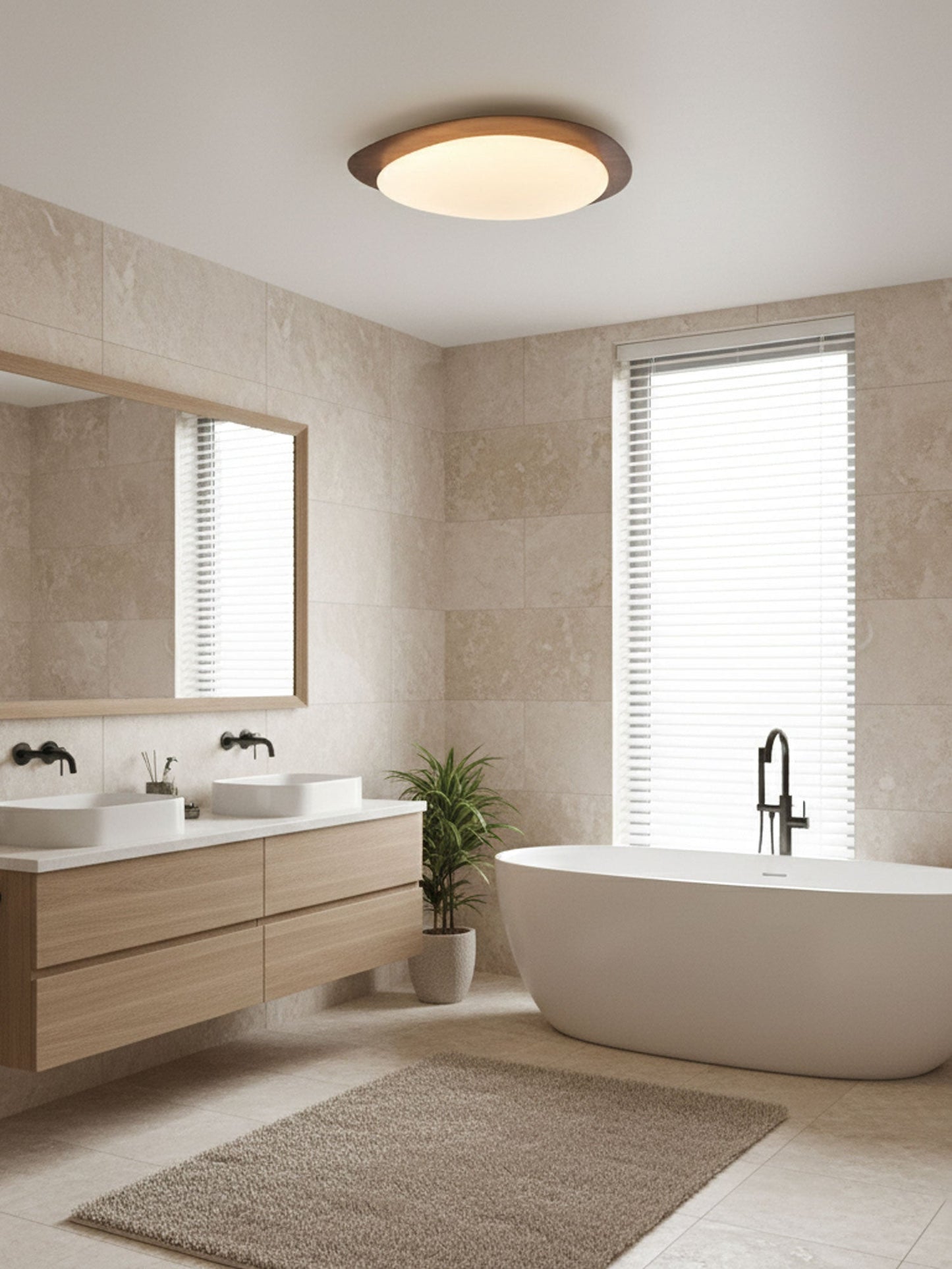 Pebble Round Flush Mount Ceiling Light With Wood-Trim Rim