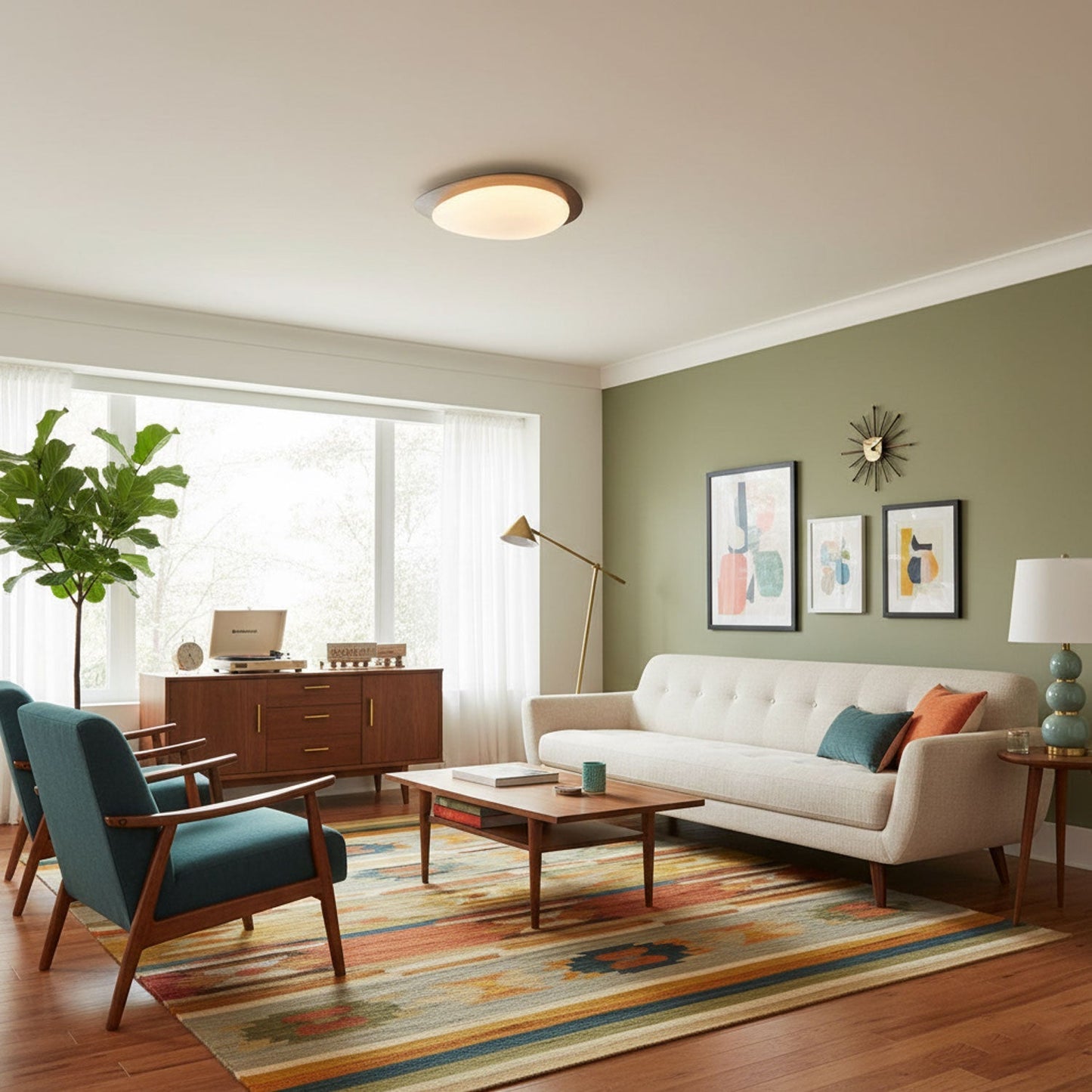 Pebble Round Flush Mount Ceiling Light With Wood-Trim Rim