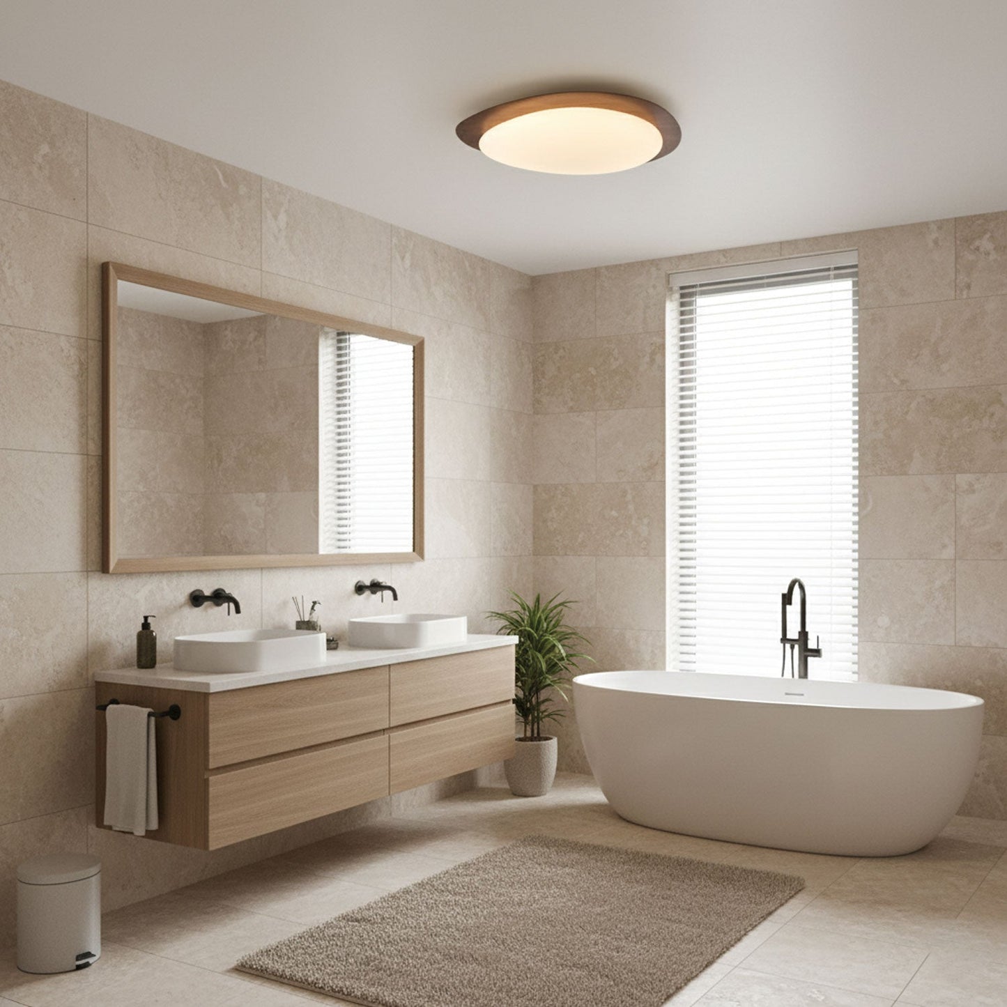Pebble Round Flush Mount Ceiling Light With Wood-Trim Rim
