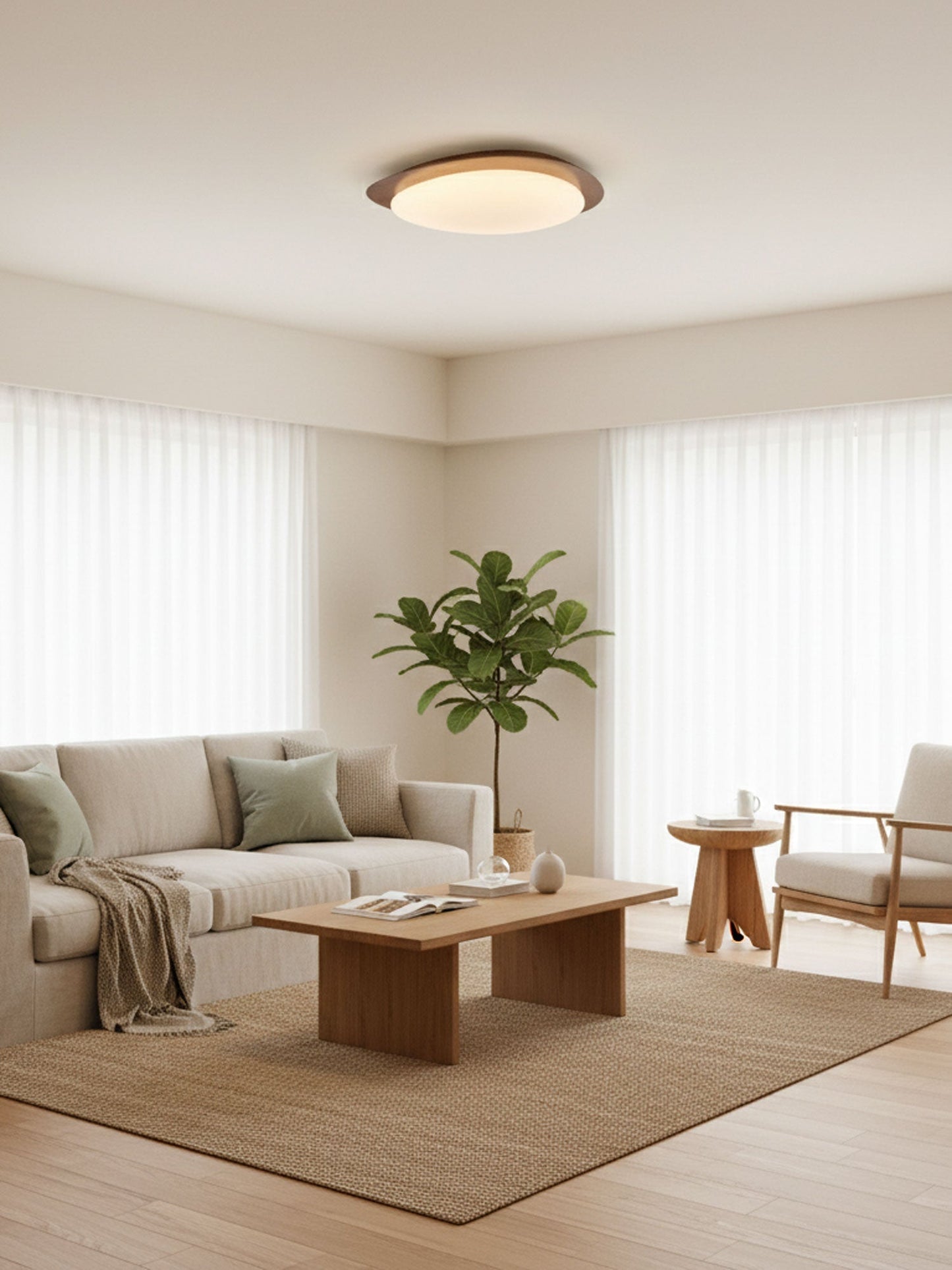 Pebble Round Flush Mount Ceiling Light With Wood-Trim Rim