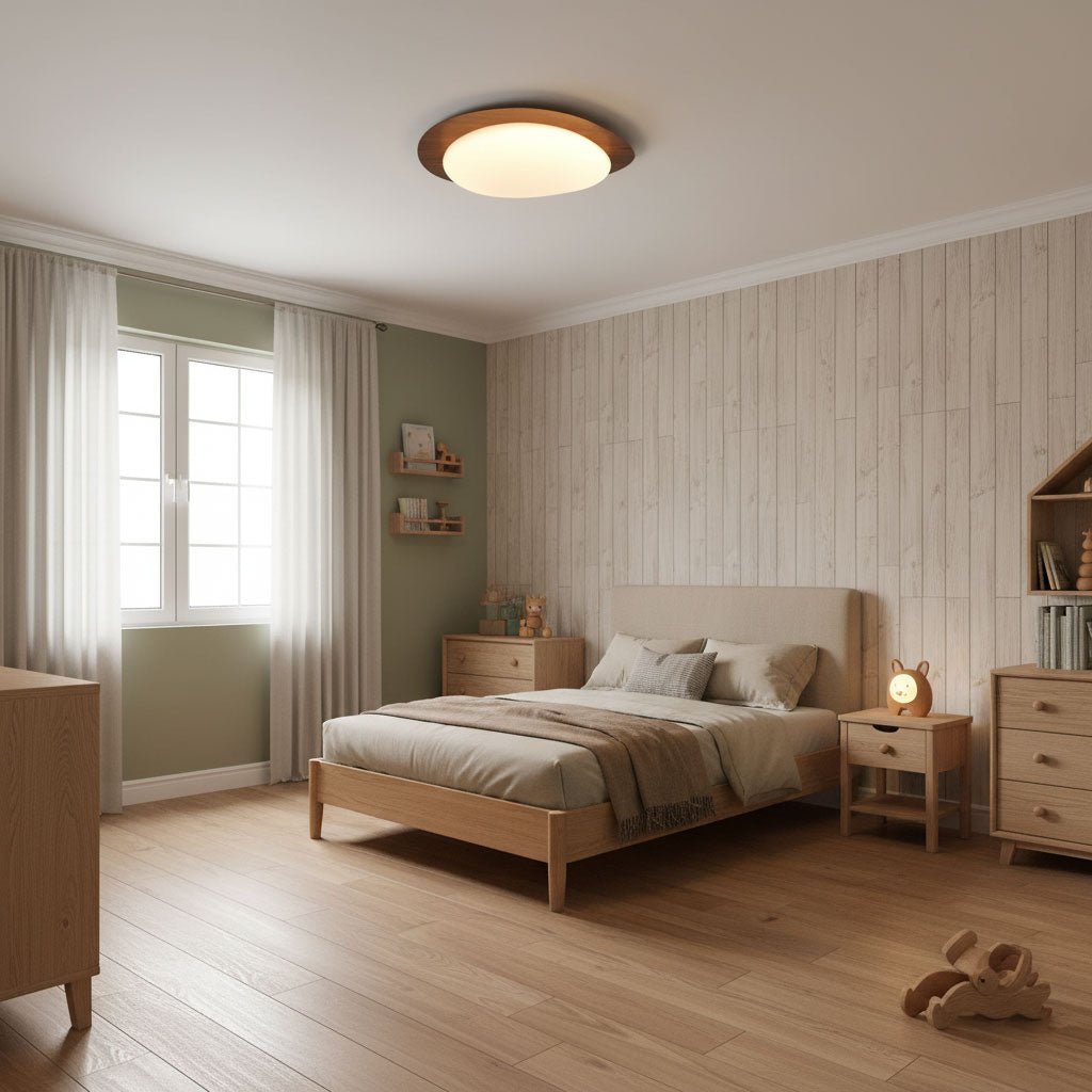 Pebble Round Flush Mount Ceiling Light With Wood-Trim Rim