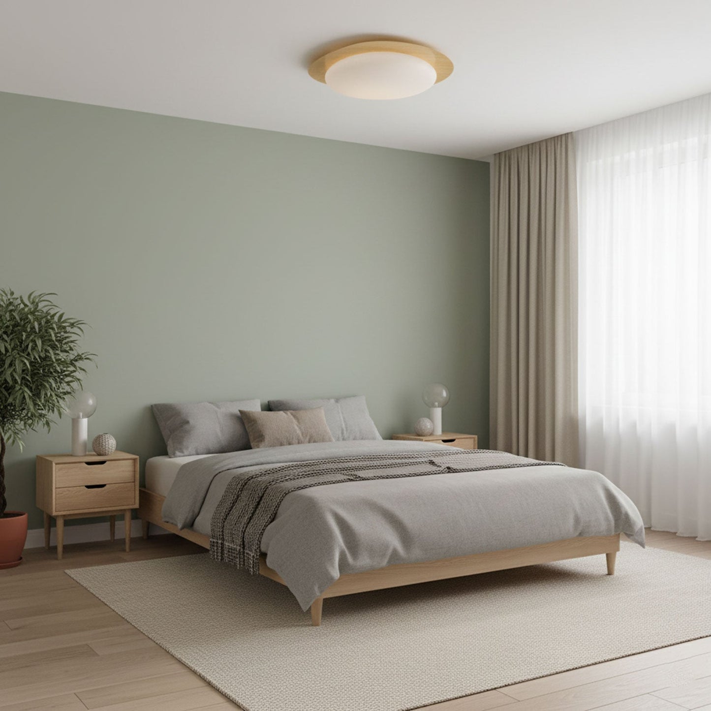 Pebble Round Flush Mount Ceiling Light With Wood-Trim Rim
