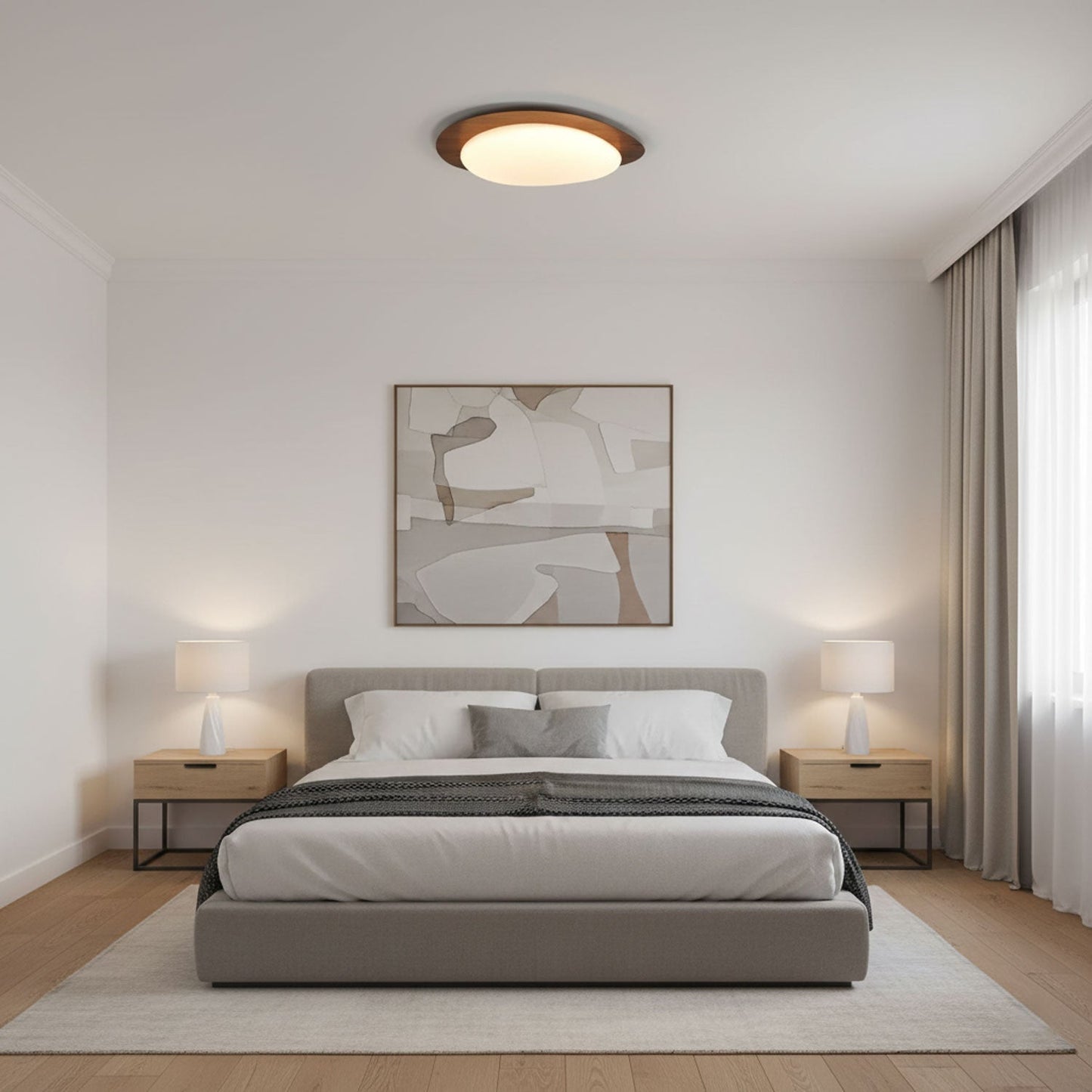 Pebble Round Flush Mount Ceiling Light With Wood-Trim Rim