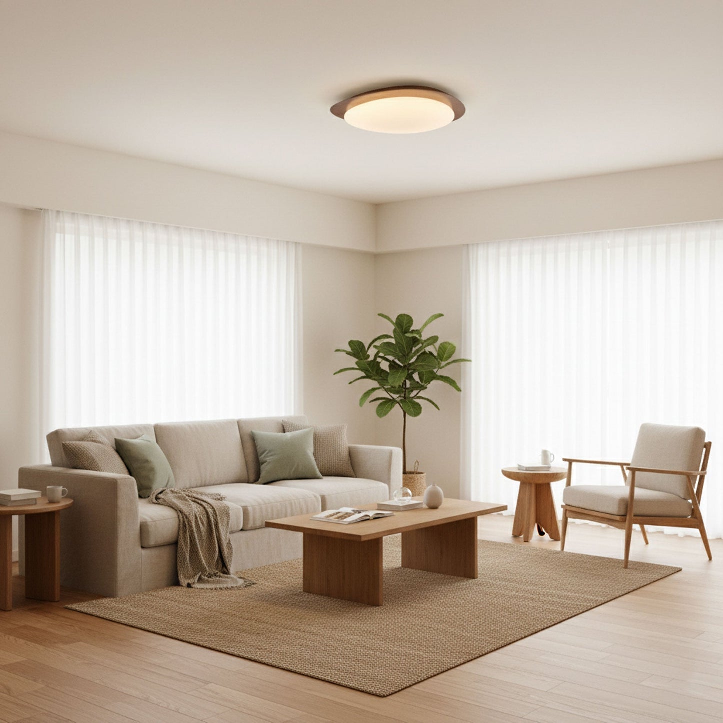 Pebble Round Flush Mount Ceiling Light With Wood-Trim Rim