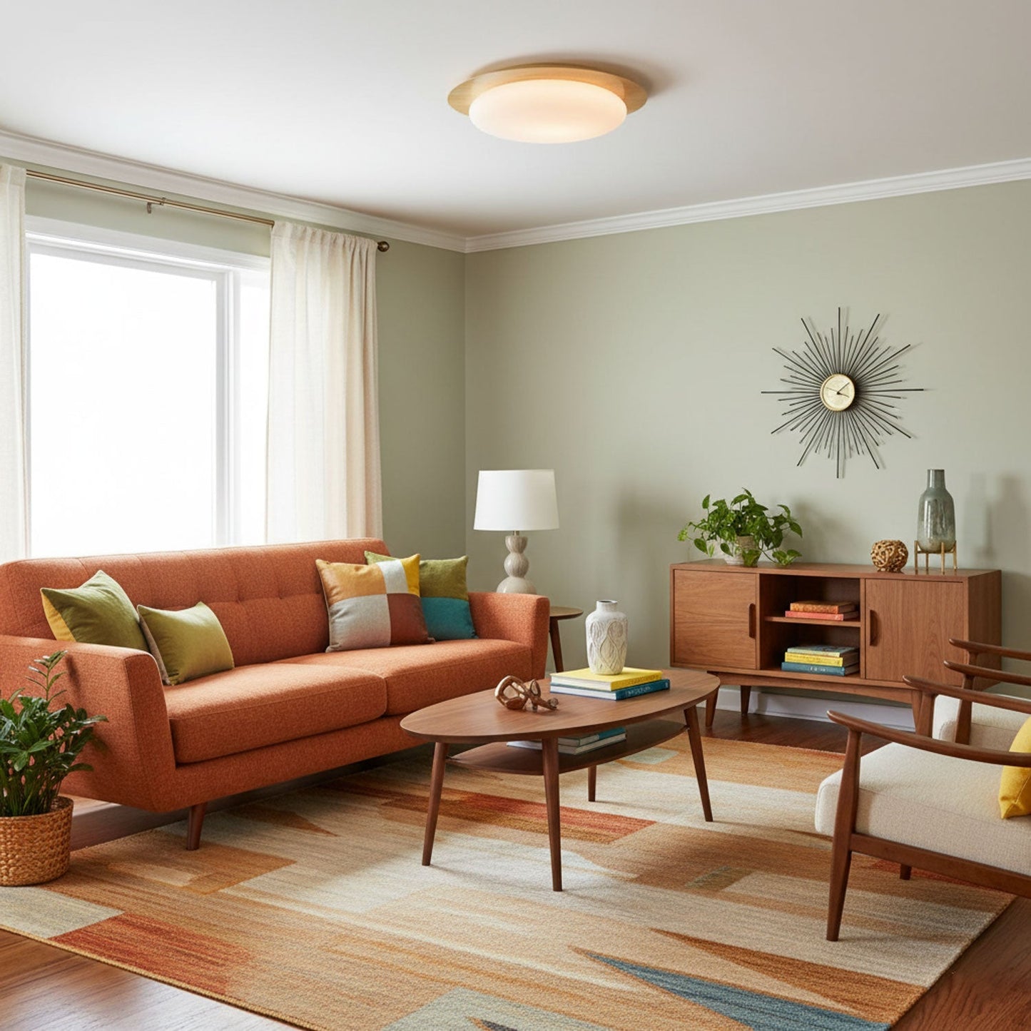 Pebble Round Flush Mount Ceiling Light With Wood-Trim Rim