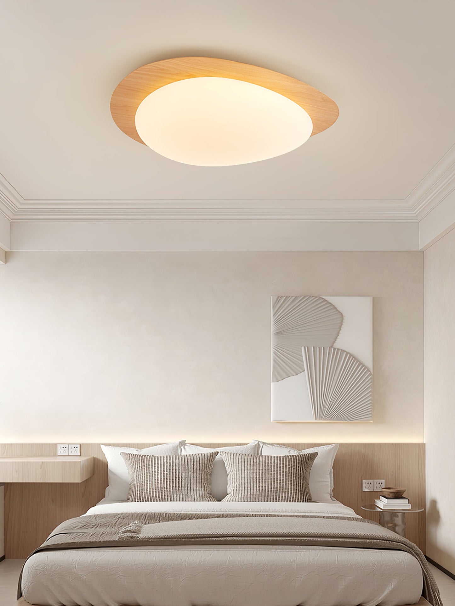 Pebble Round Flush Mount Ceiling Light With Wood-Trim Rim