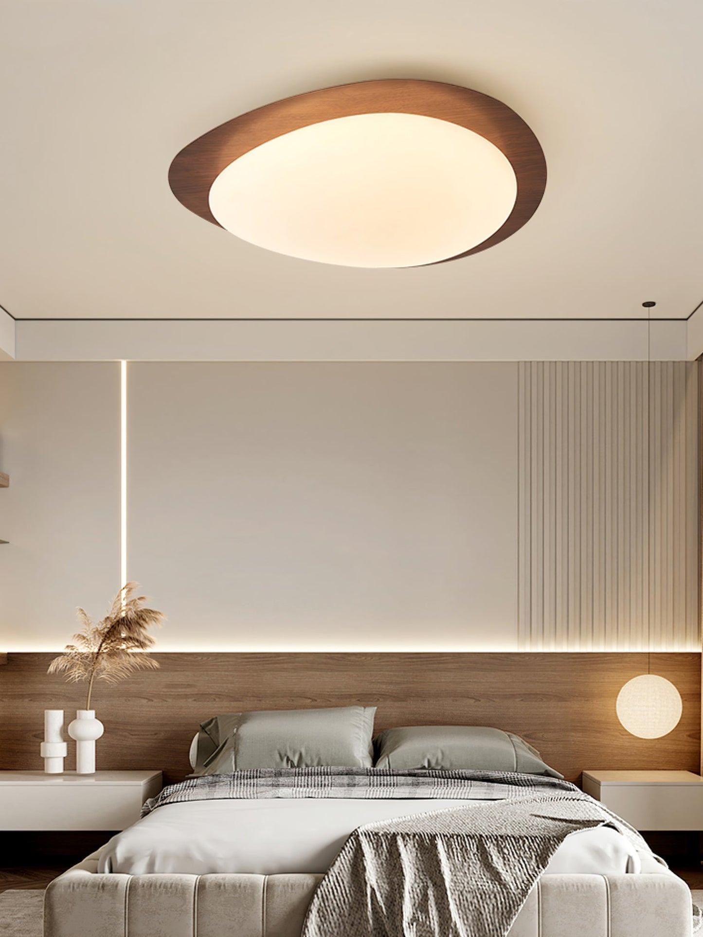 Pebble Round Flush Mount Ceiling Light With Wood-Trim Rim