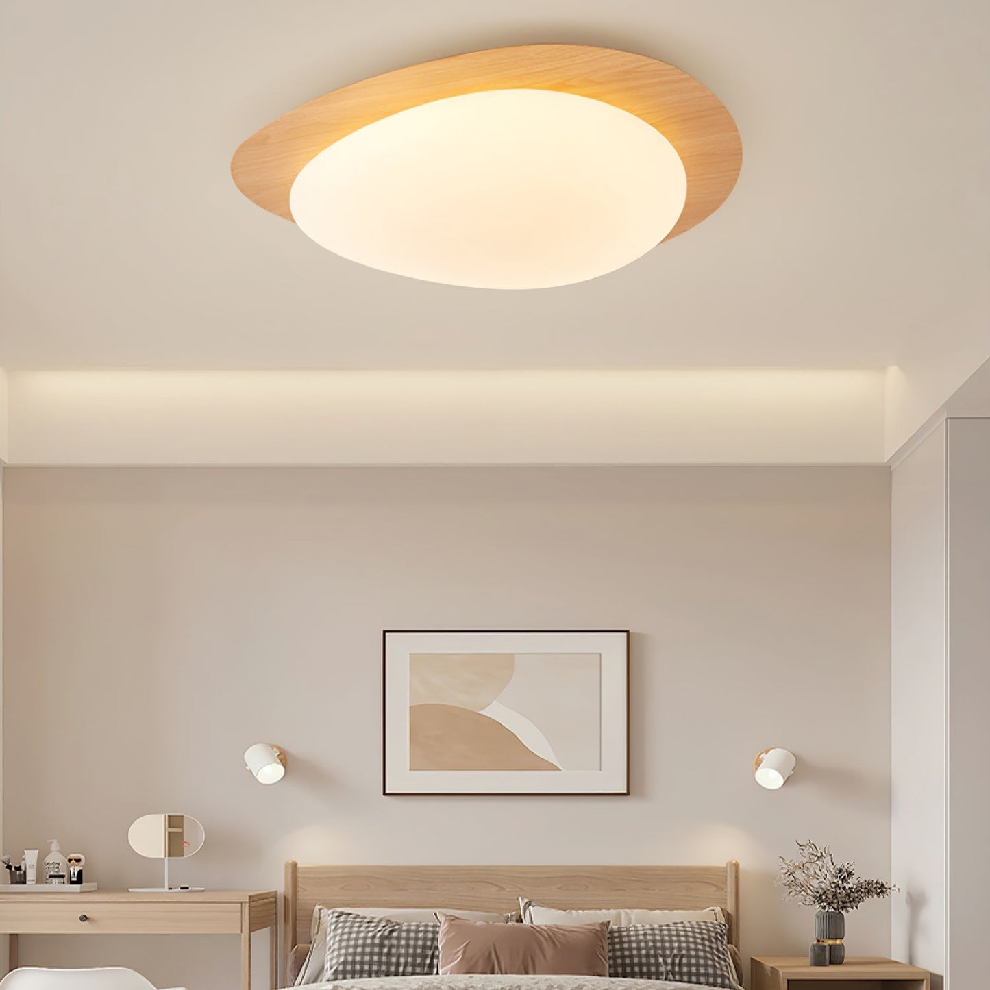 Pebble Round Flush Mount Ceiling Light With Wood-Trim Rim