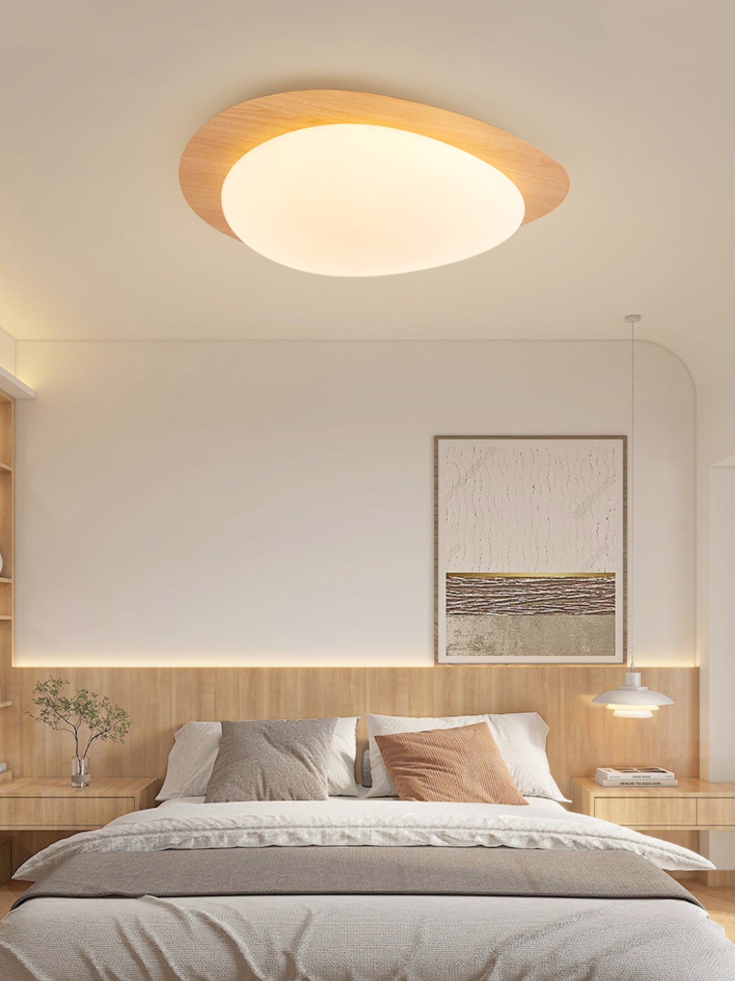 Pebble Round Flush Mount Ceiling Light With Wood-Trim Rim