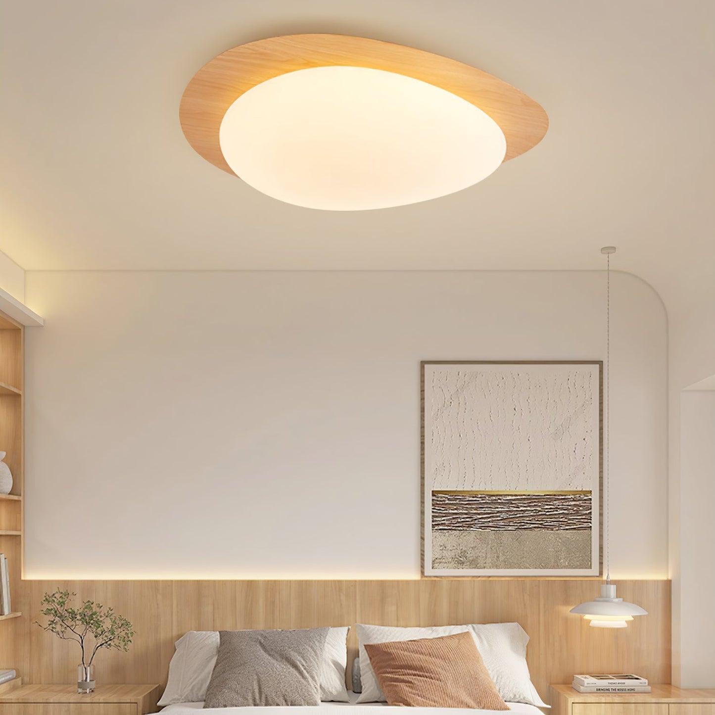Pebble Round Flush Mount Ceiling Light With Wood-Trim Rim