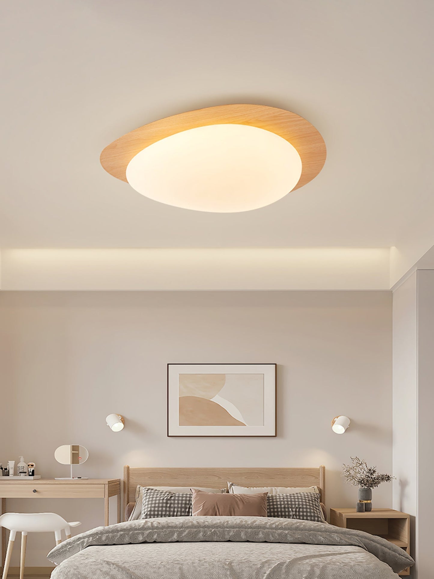 Pebble Round Flush Mount Ceiling Light With Wood-Trim Rim