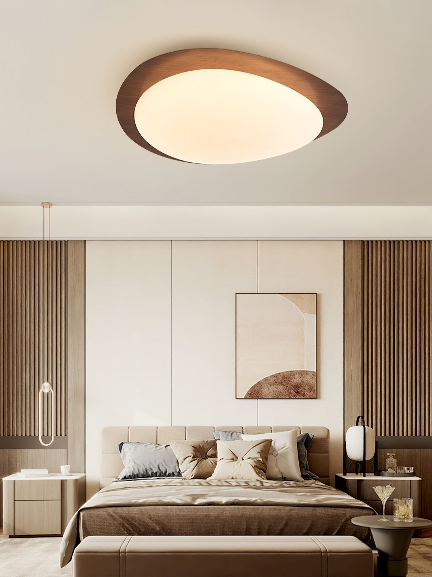 Pebble Round Flush Mount Ceiling Light With Wood-Trim Rim