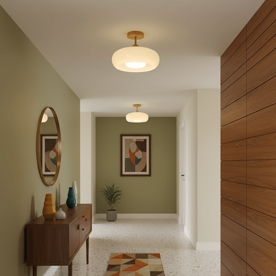 Glass Shade Ceiling Light With Wood Canopy