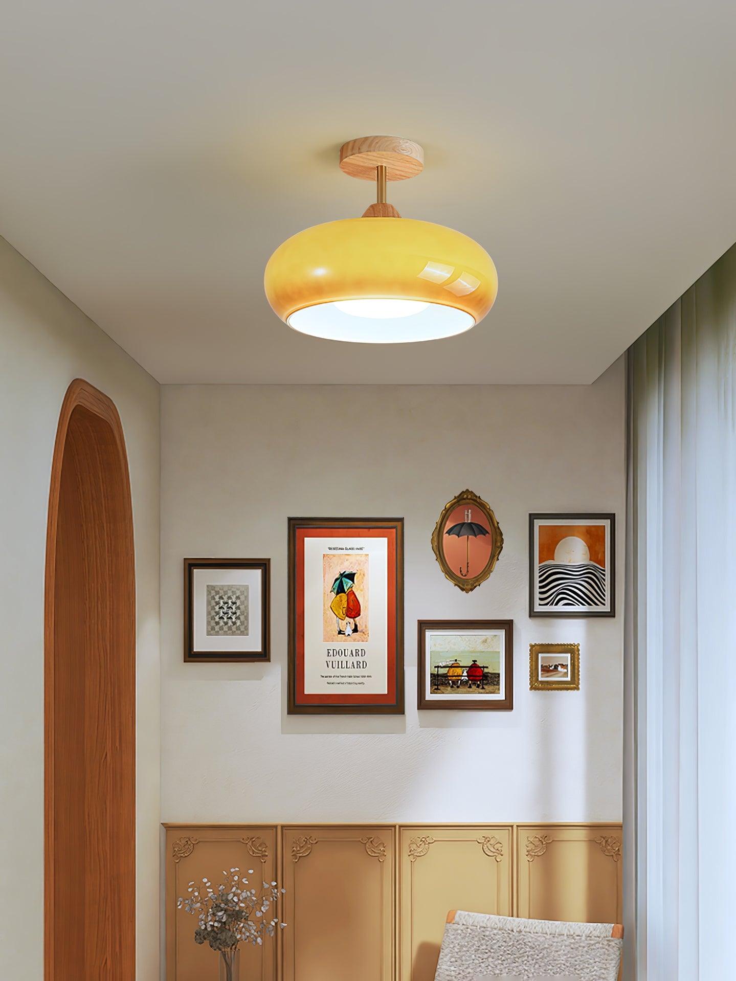 Glass Shade Ceiling Light With Wood Canopy