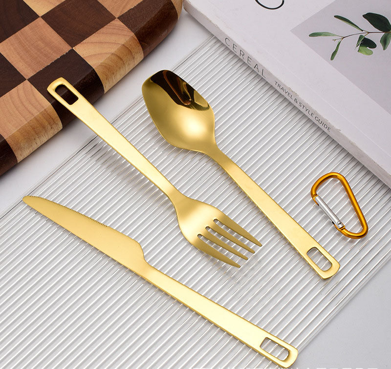 Portable Camping Utensil Set – Gold Stainless Steel Knife Fork Spoon